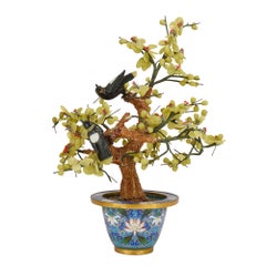 Gran Modelo Chino de Árbol de Piedra Dura con Pájaros en Maceta de Esmalte Cloisonné