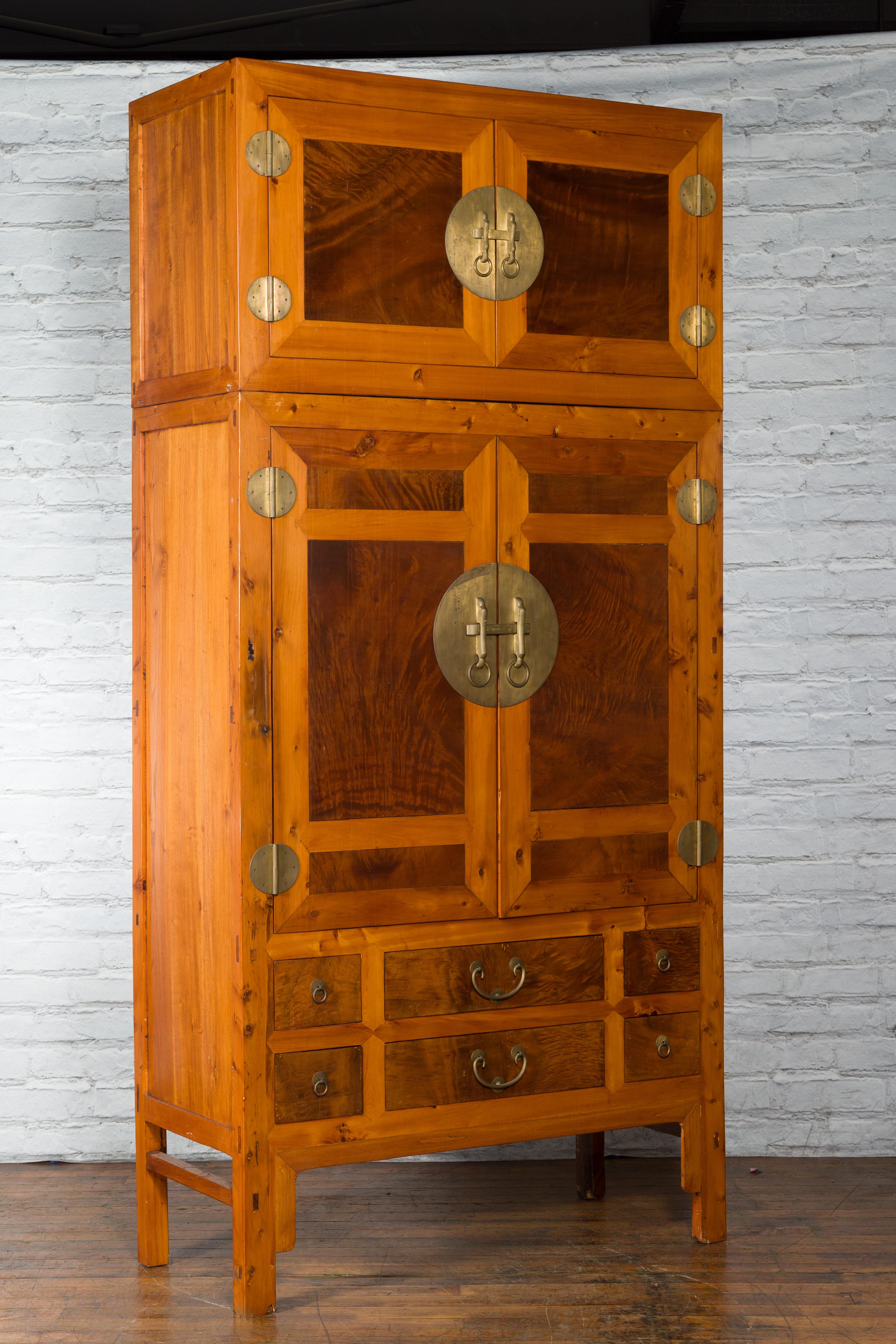 Large Chinese Hebei Burl Wood Compound Cabinet with Brass Hardware, circa 1900 In Good Condition In Yonkers, NY