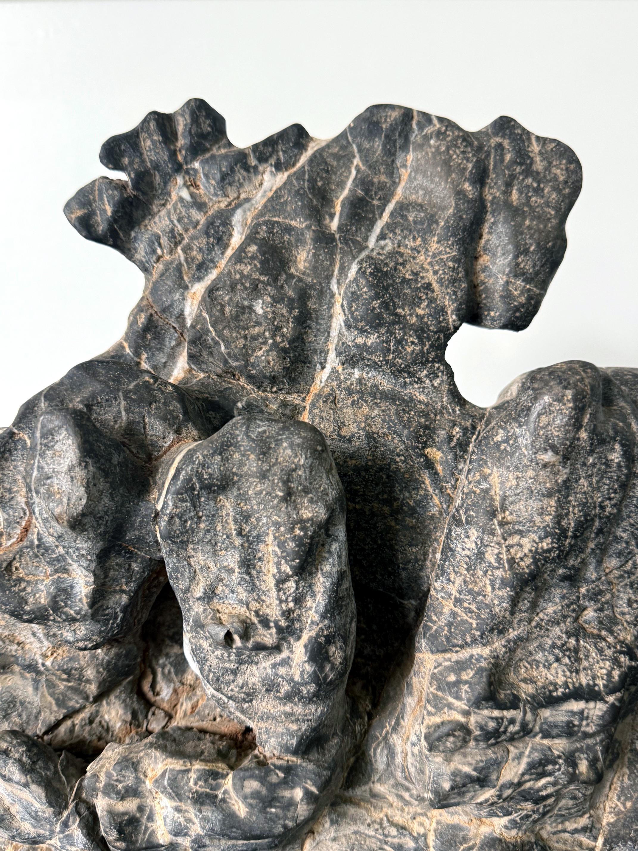 Large Chinese Horizontal Gray Lingbi Scholar Stone with Grotto on Display Stand For Sale 13