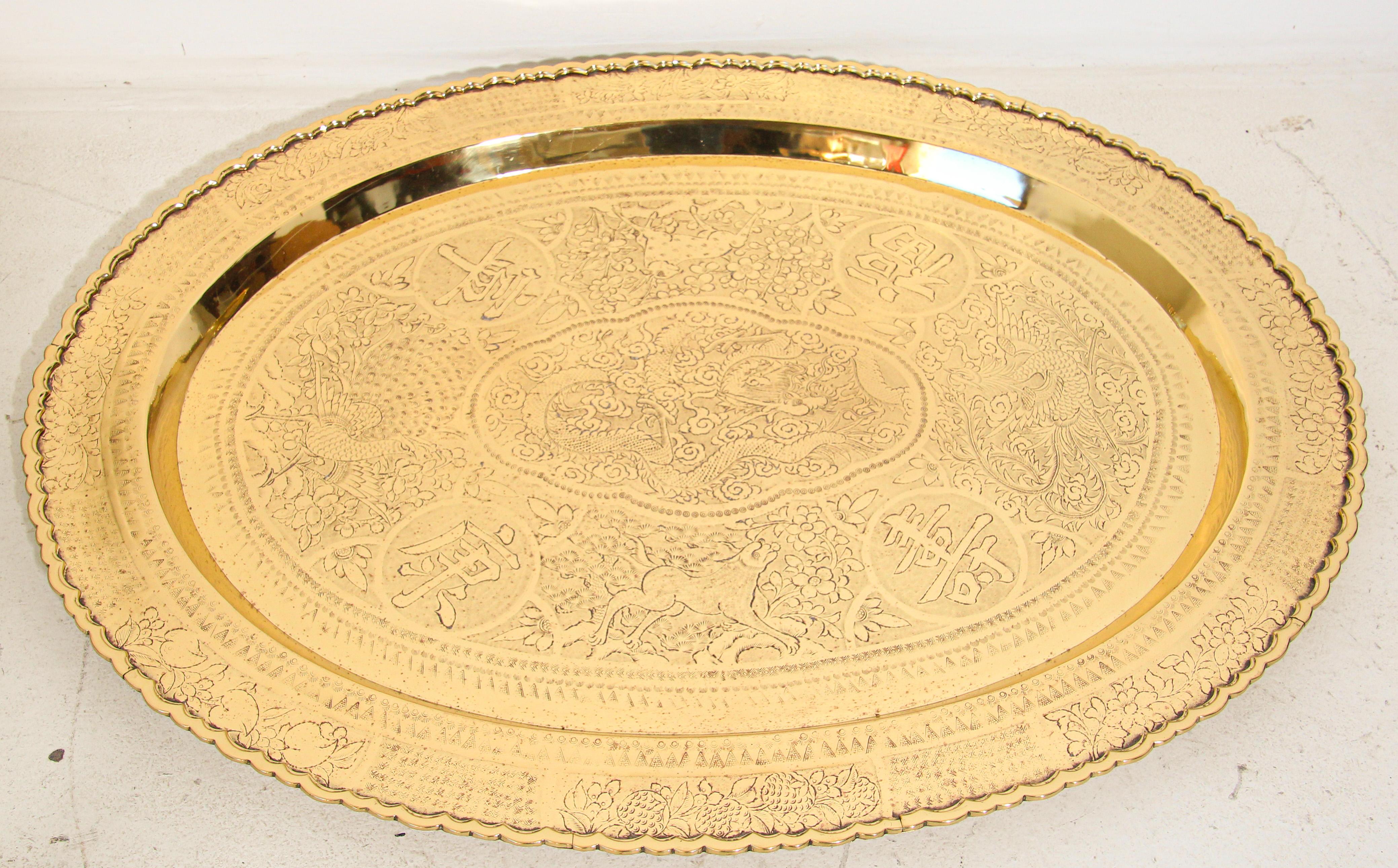 Large Chinese Imports Oval Brass Tray Chinese Collector Metal Platter For Sale 1