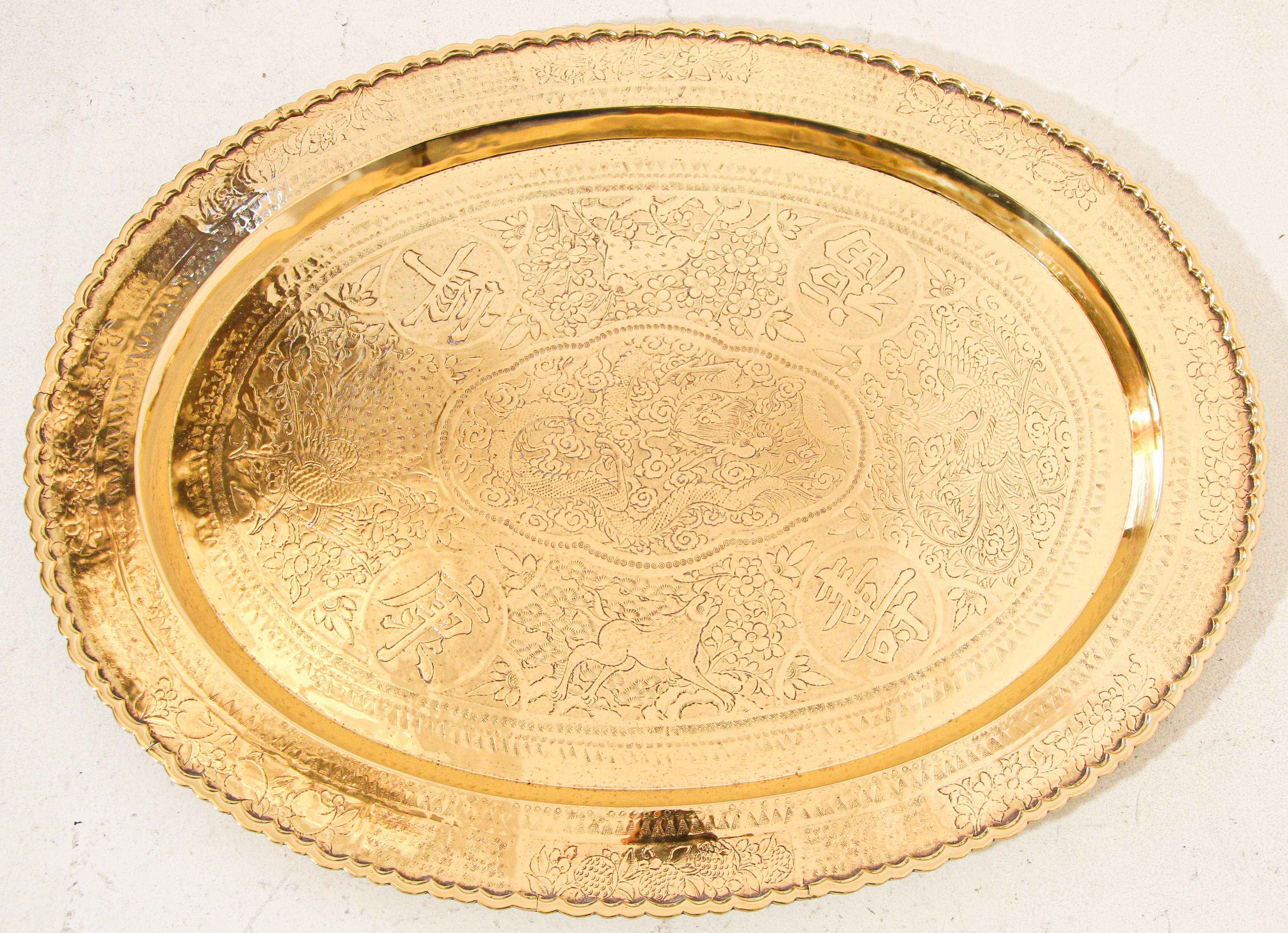 Large Chinese Imports Oval Brass Tray Chinese Collector Metal Platter For Sale 3