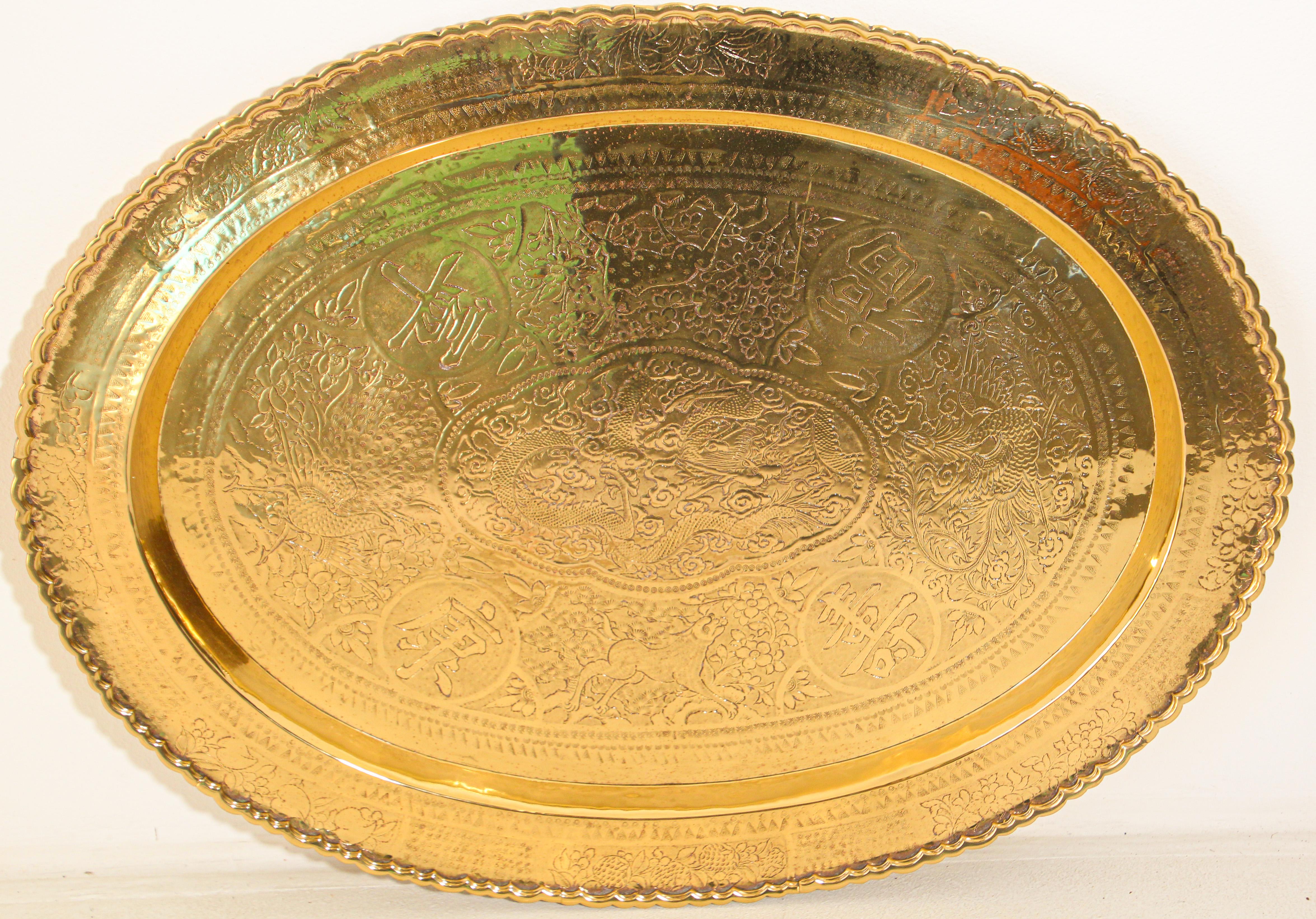 Large Chinese Imports Oval Brass Tray Chinese Collector Metal Platter For Sale 4