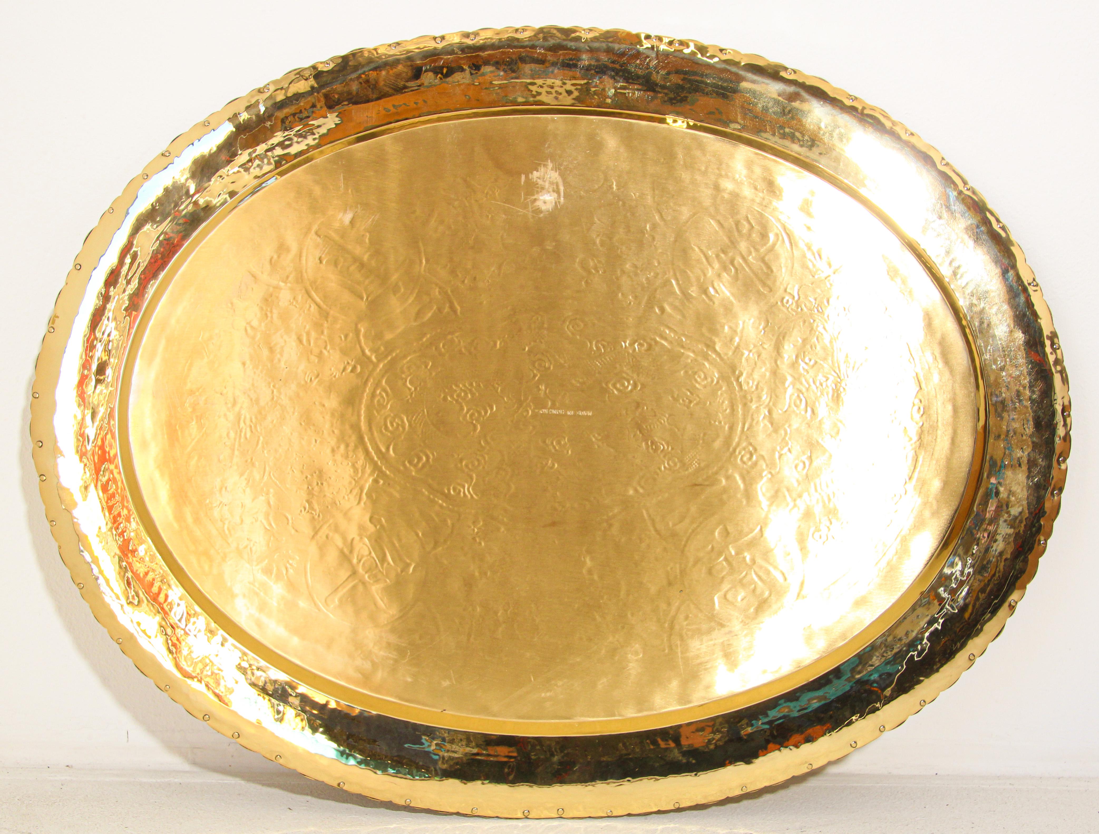 Large Chinese Imports Oval Brass Tray Chinese Collector Metal Platter For Sale 6