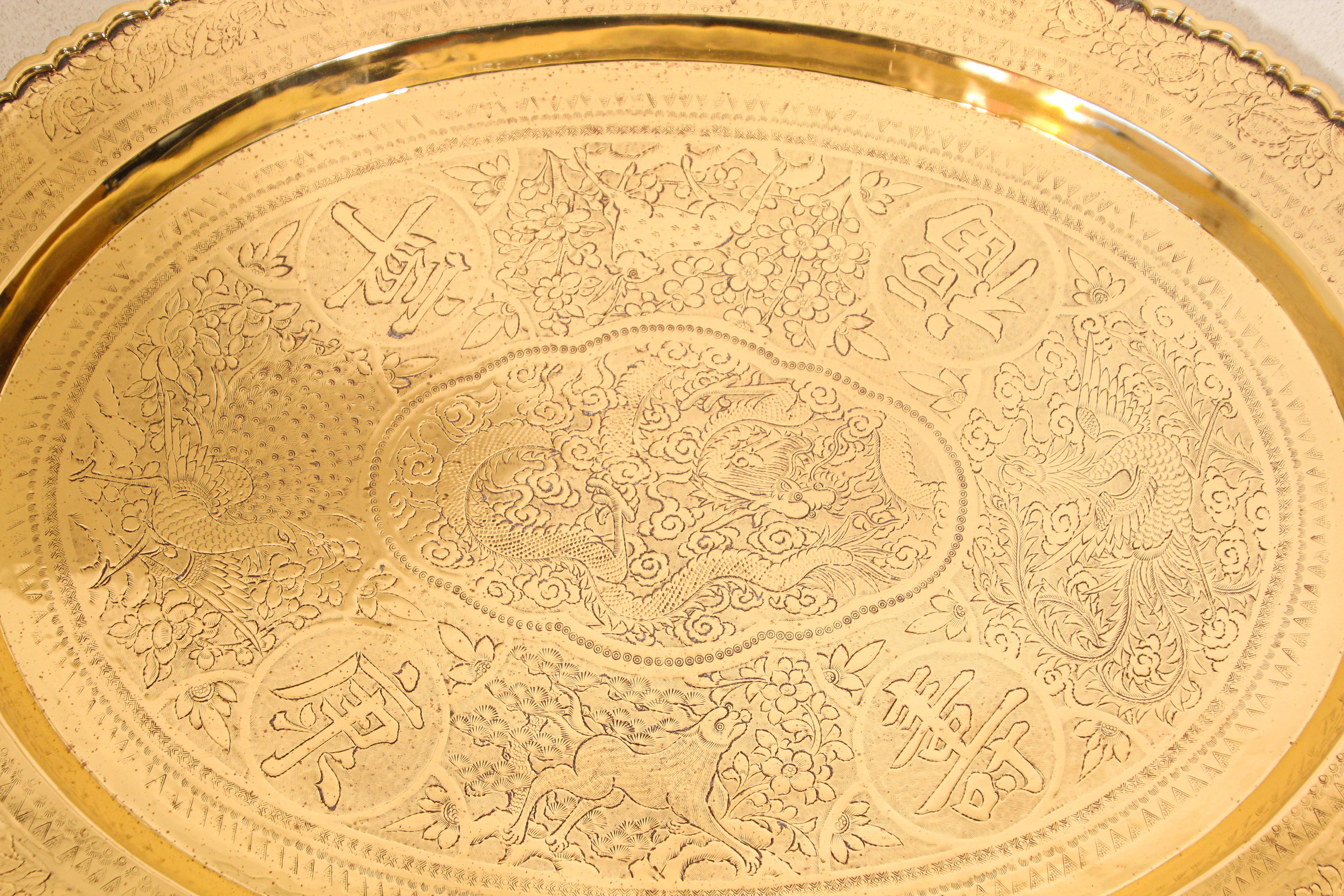 Chinoiserie Large Chinese Imports Oval Brass Tray Chinese Collector Metal Platter For Sale