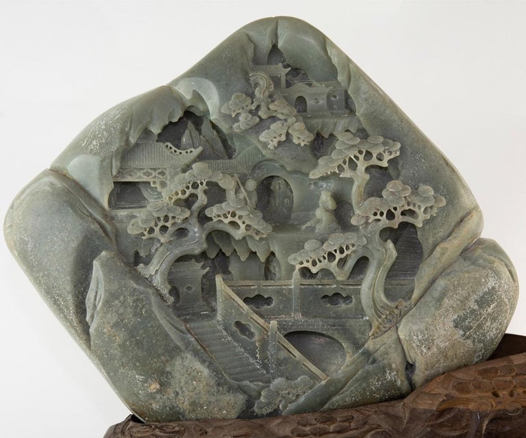 Large Chinese Jade Boulder Double Sided Carving For Sale at 1stDibs