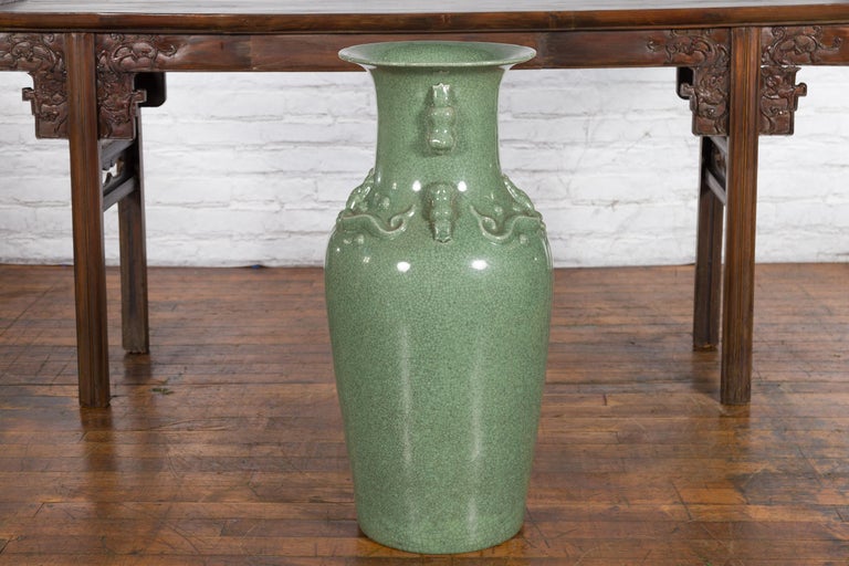 Large Chinese Jade Vase with Crackled Celadon Finish and Decorative