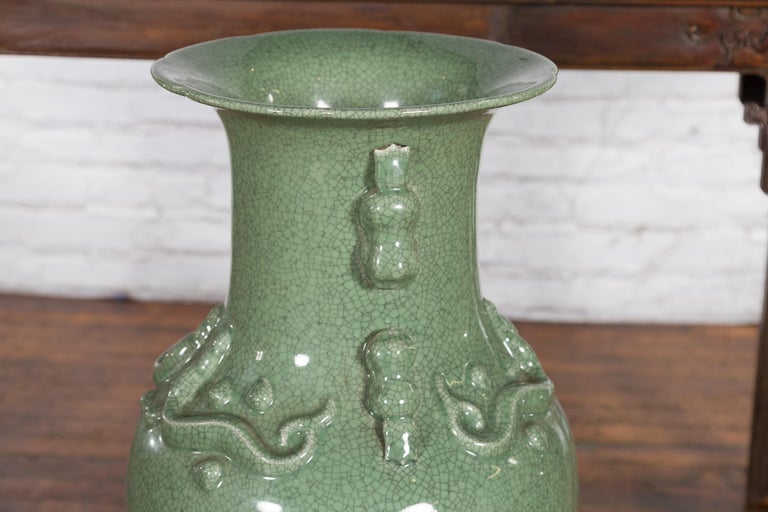 Large Chinese Jade Vase with Crackled Celadon Finish and Decorative