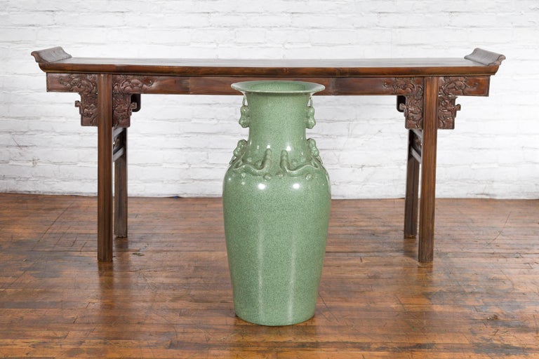 Large Chinese Jade Vase with Crackled Celadon Finish and Decorative