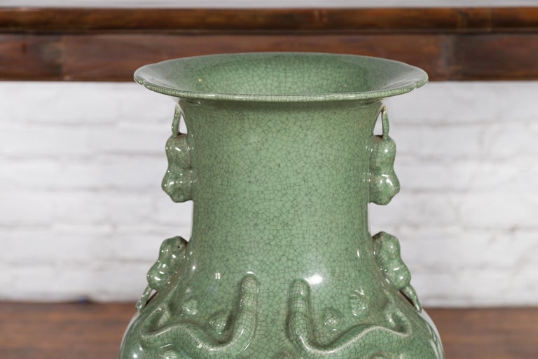 Large Chinese Jade Vase with Crackled Celadon Finish and Decorative