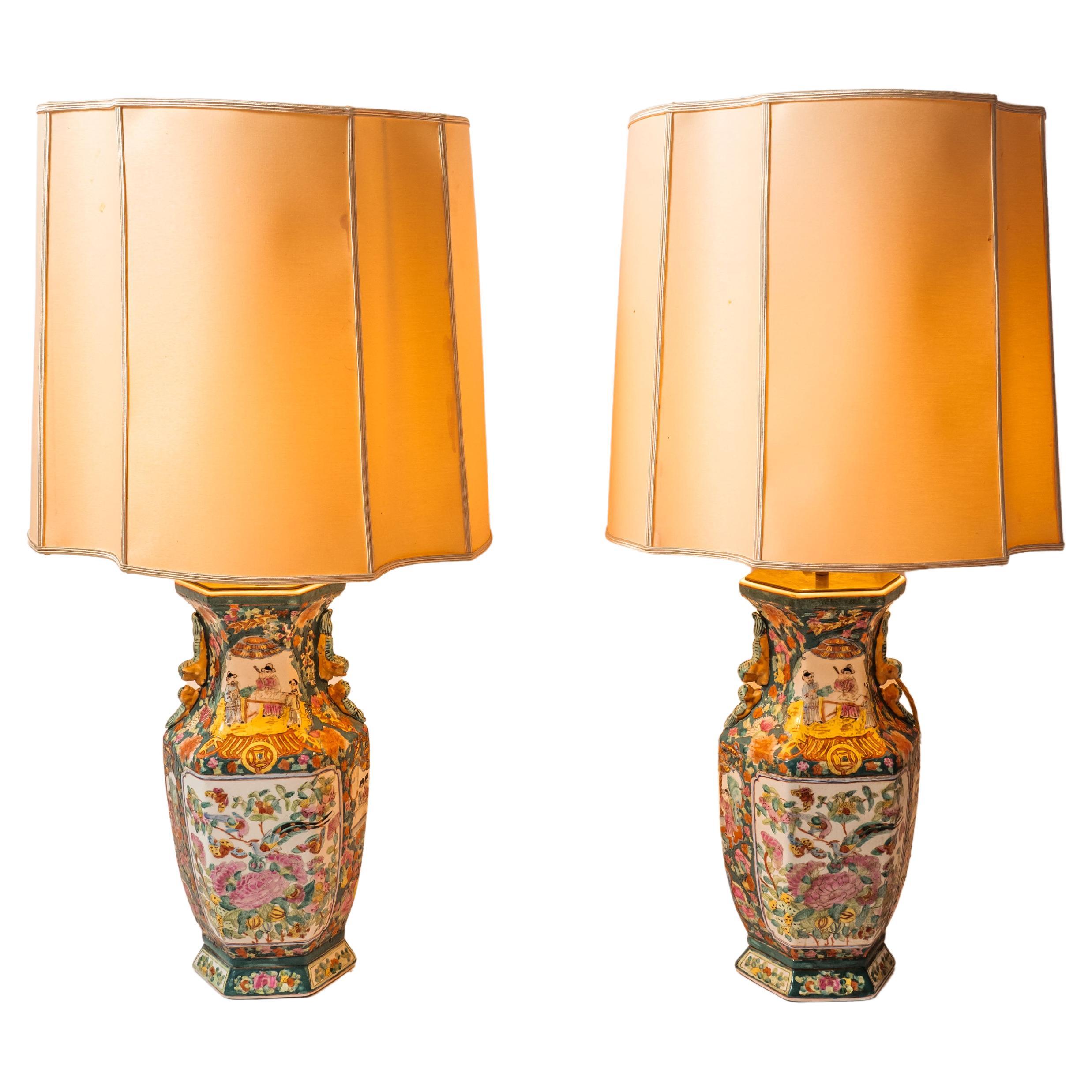 Large Chinese lamps. Hand painted. Marked For Sale