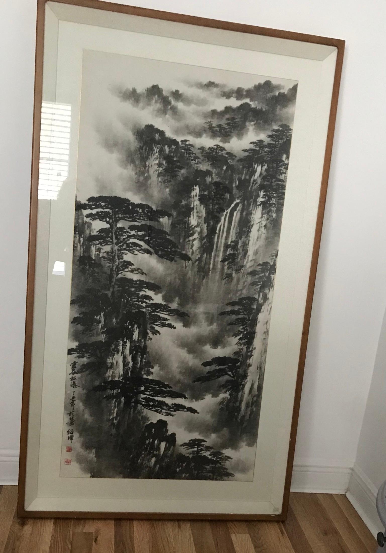 Chinese Export Large Chinese Landscape Painting Framed Signed For Sale