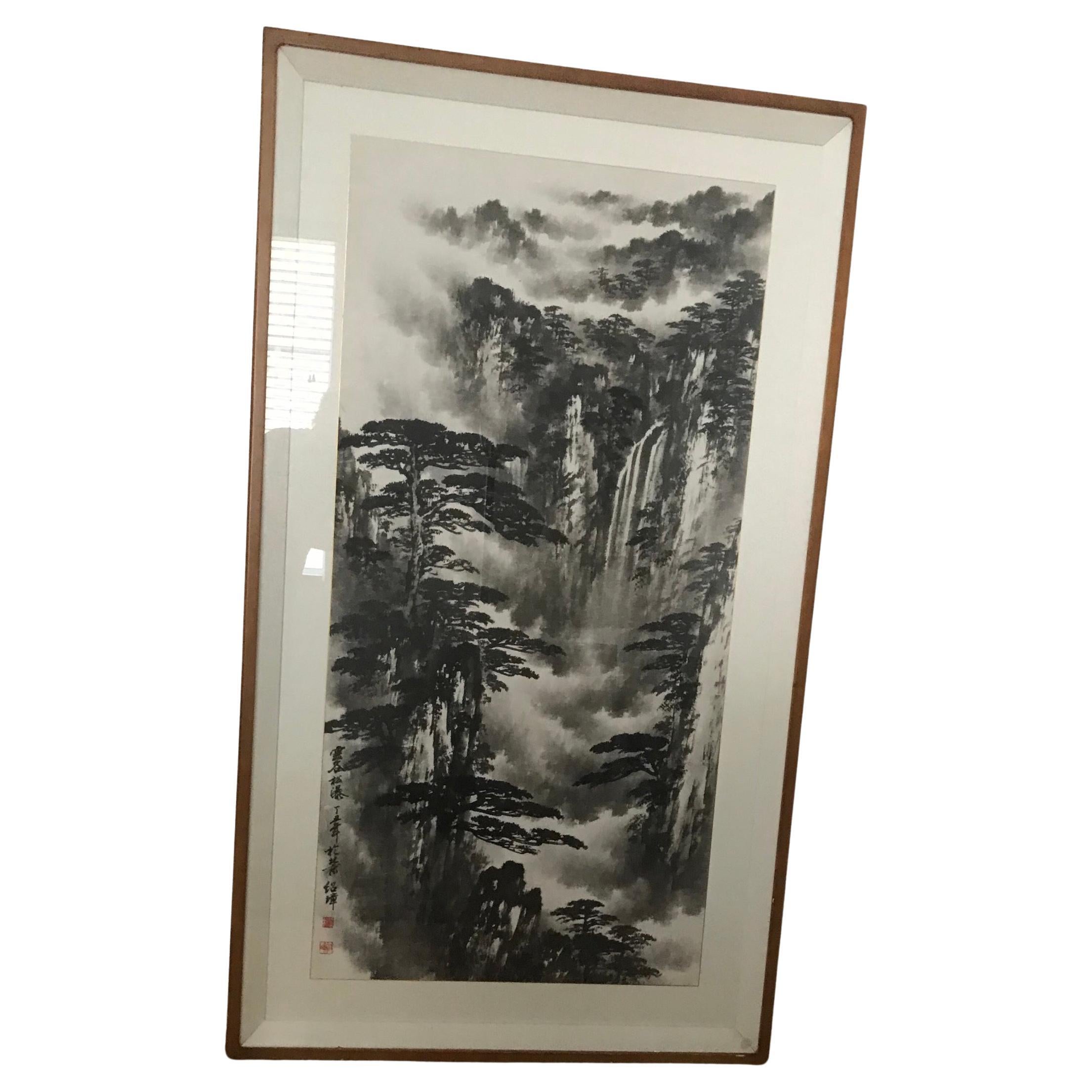 Large Chinese Landscape Painting Framed Signed For Sale