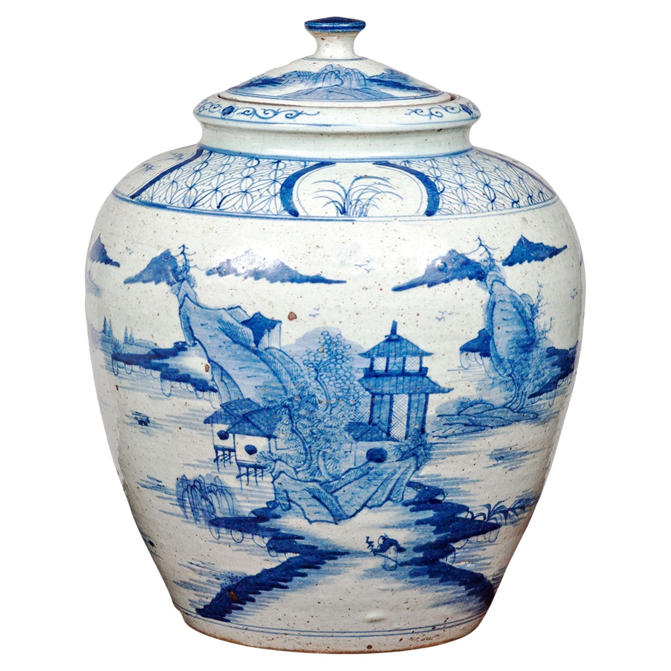 Large Chinese Late Qing Blue and White Porcelain Vase with Lid