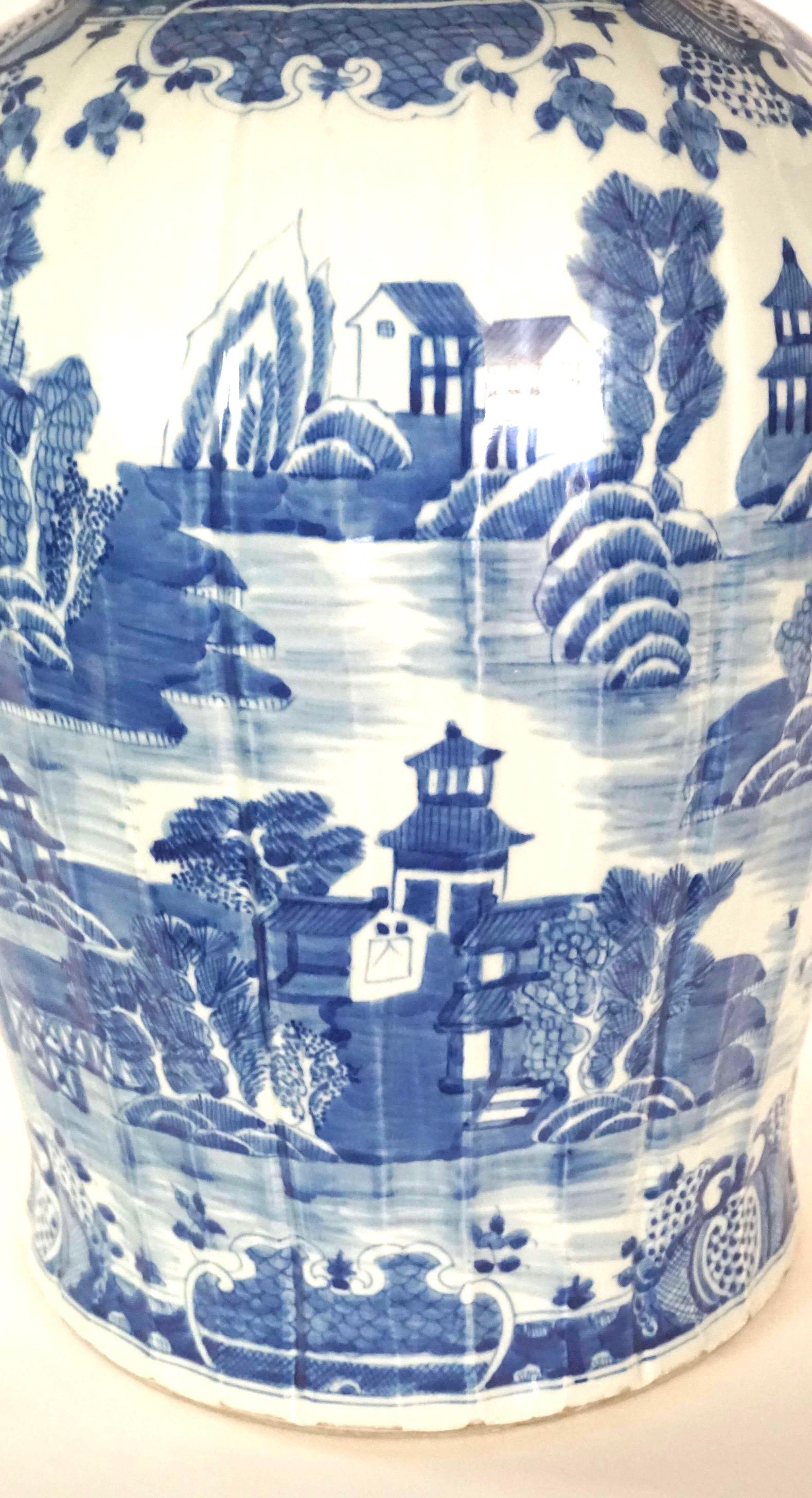 Brass Large Chinese Late Qing Dynasty Blue and White Baluster Vase Table Lamp For Sale