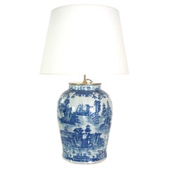 Large Chinese Late Qing Dynasty Blue and White Baluster Vase Table Lamp