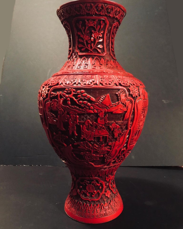 Large Chinese Late Qing Dynasty Cinnabar Red Lacquer Vase at 1stDibs