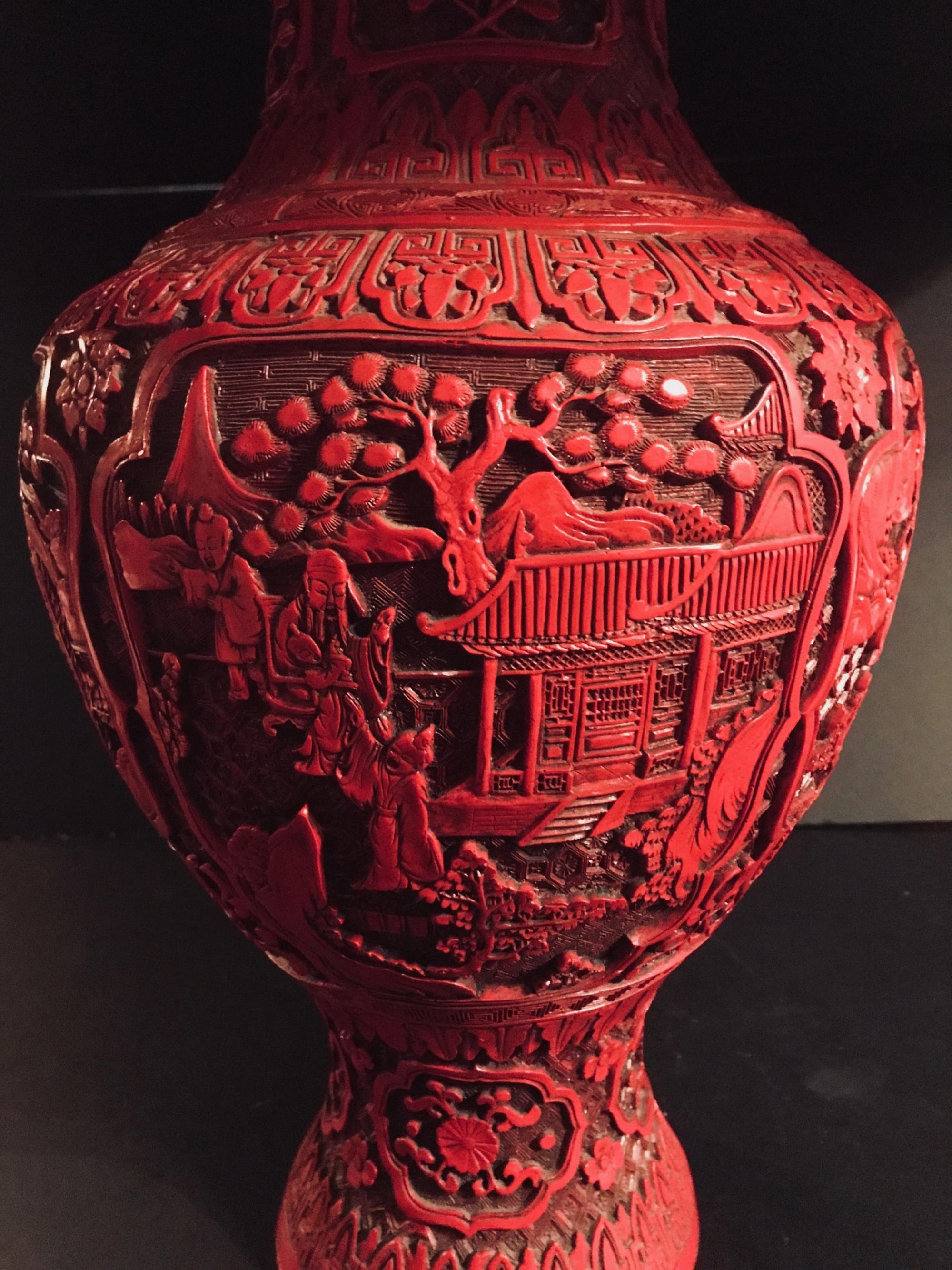 20th Century Large Chinese Late Qing Dynasty Cinnabar Red Lacquer Vase