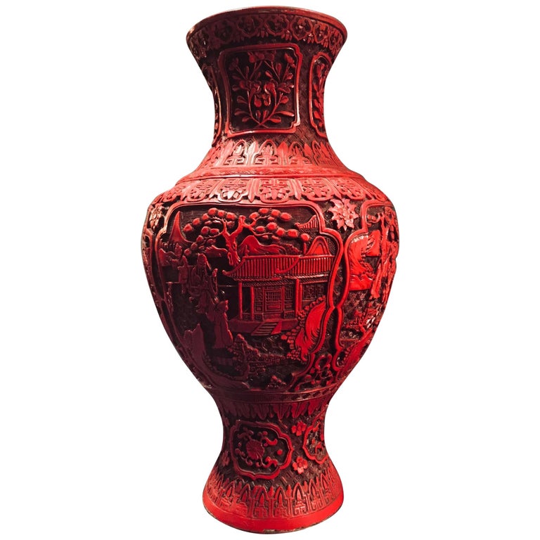 Large Chinese Late Qing Dynasty Cinnabar Red Lacquer Vase at 1stDibs