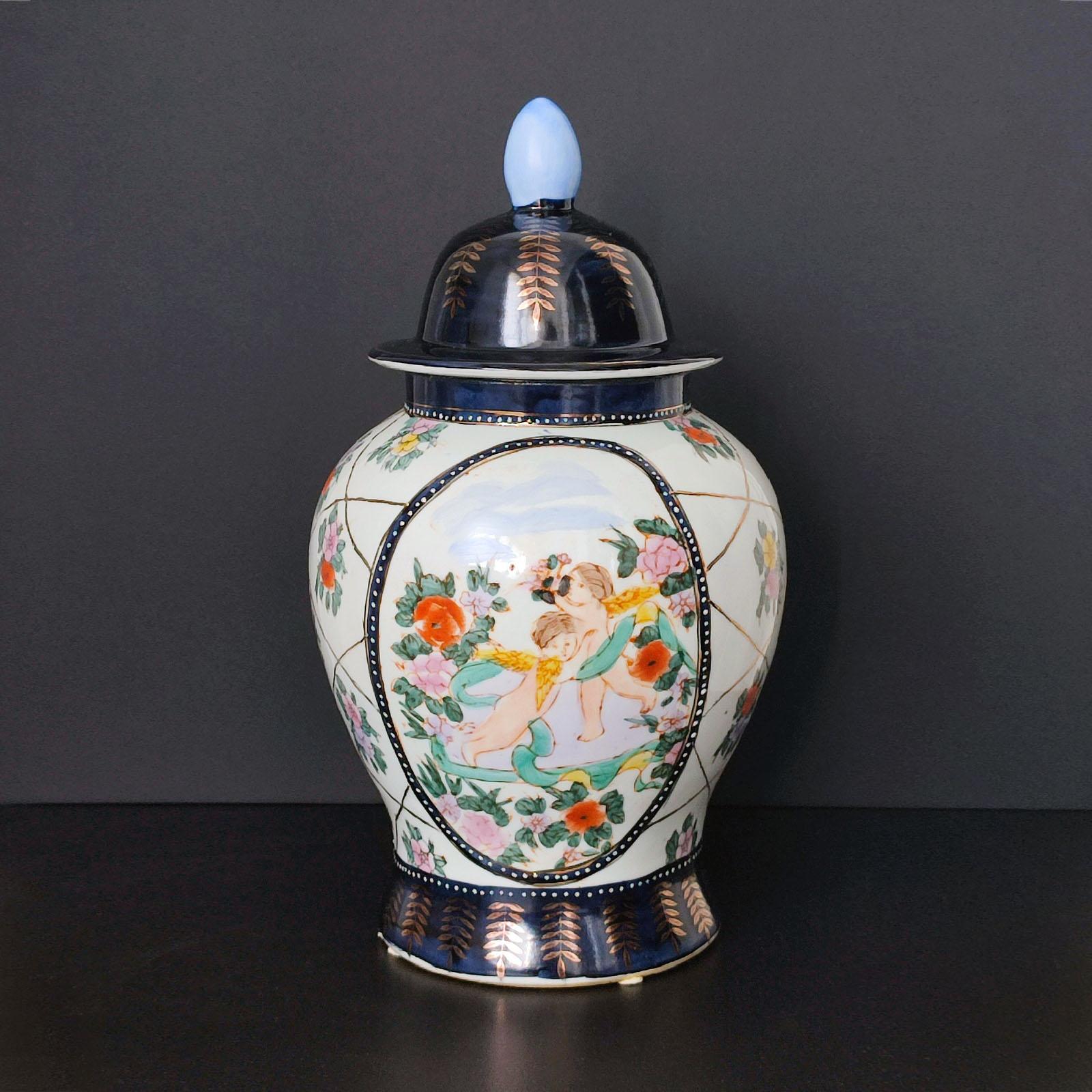 Large Chinese Cupid Lidded Jar
Enameled jar of very good large size and in lovely condition.
Vibrantly enameled overall with cupids, flowers, and foliage decor.
Height 37 cm
Good used condition, normal wear.