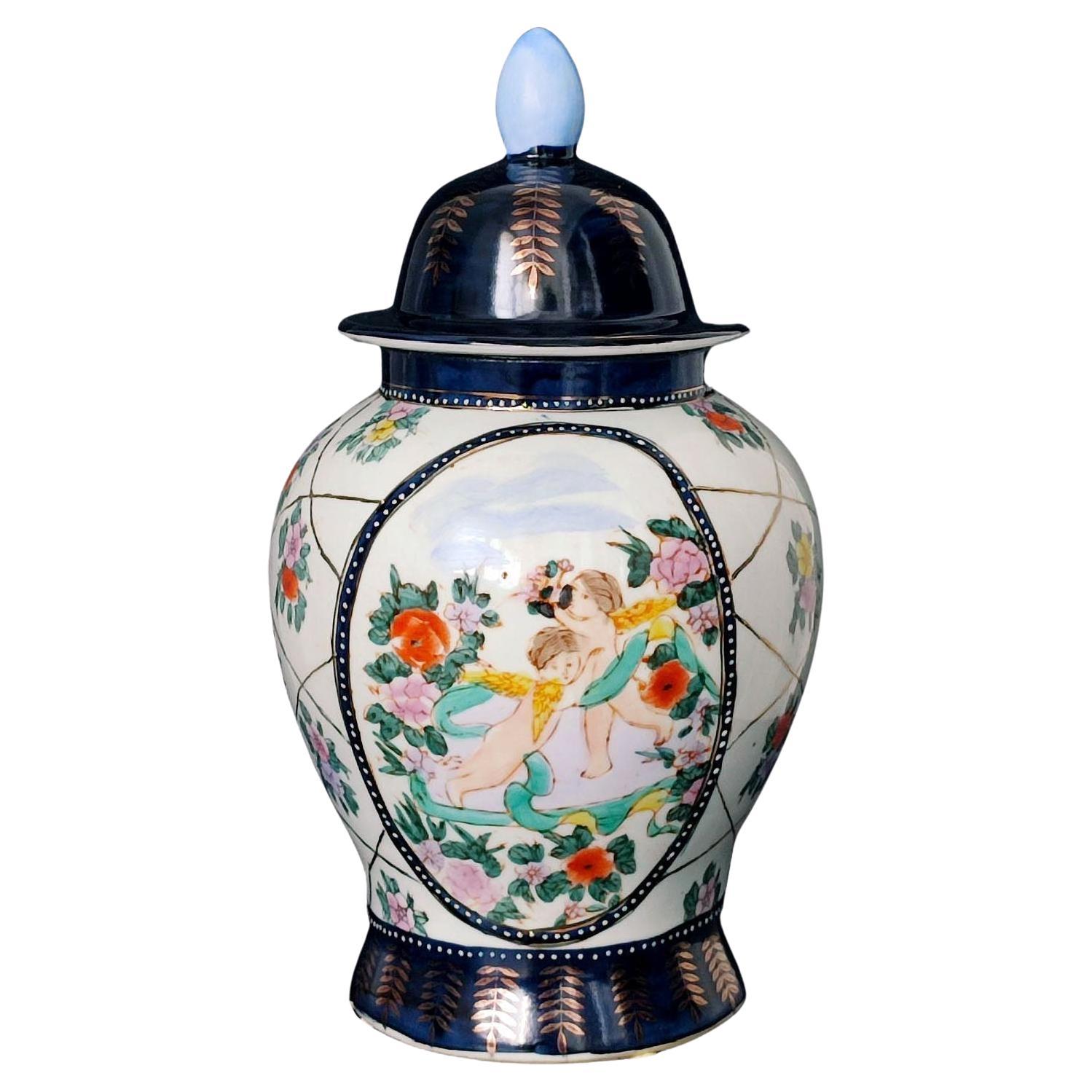 Large Chinese Lidded Jar with Cupid Decor For Sale