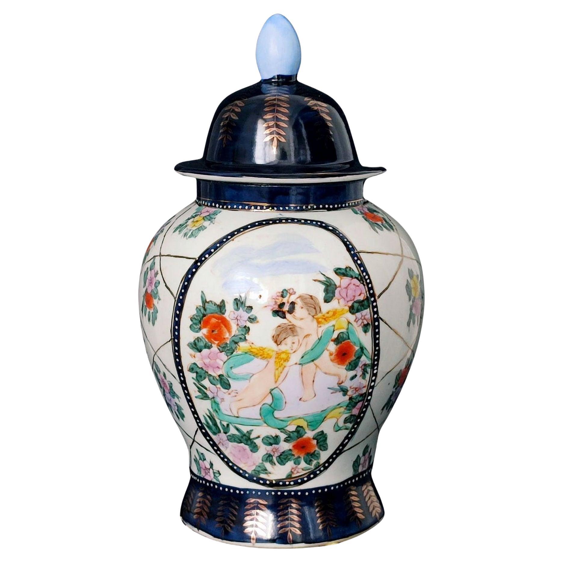 HOLIDAY GIFT - Large Chinese Lidded Jar with Cupid Decor