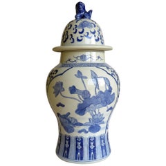 Vintage Large Chinese Lidded Vase Blue and White Porcelain Hand Painted Mid-20th Century