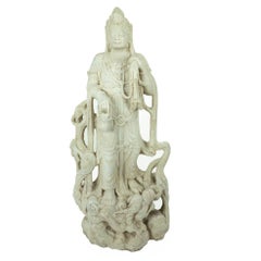 Large Chinese Marble Quan Yin Standing Upon a Dragon