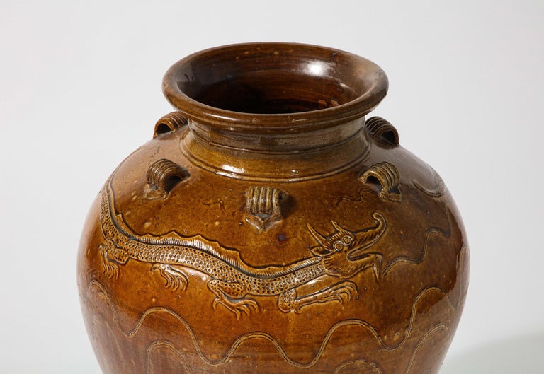 18th Century and Earlier Large Chinese Martaban Ming Dynasty Stoneware Storage Vase with Dragons For Sale