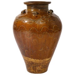 Antique Large Chinese Martaban Ming Dynasty Stoneware Storage Vase with Dragons