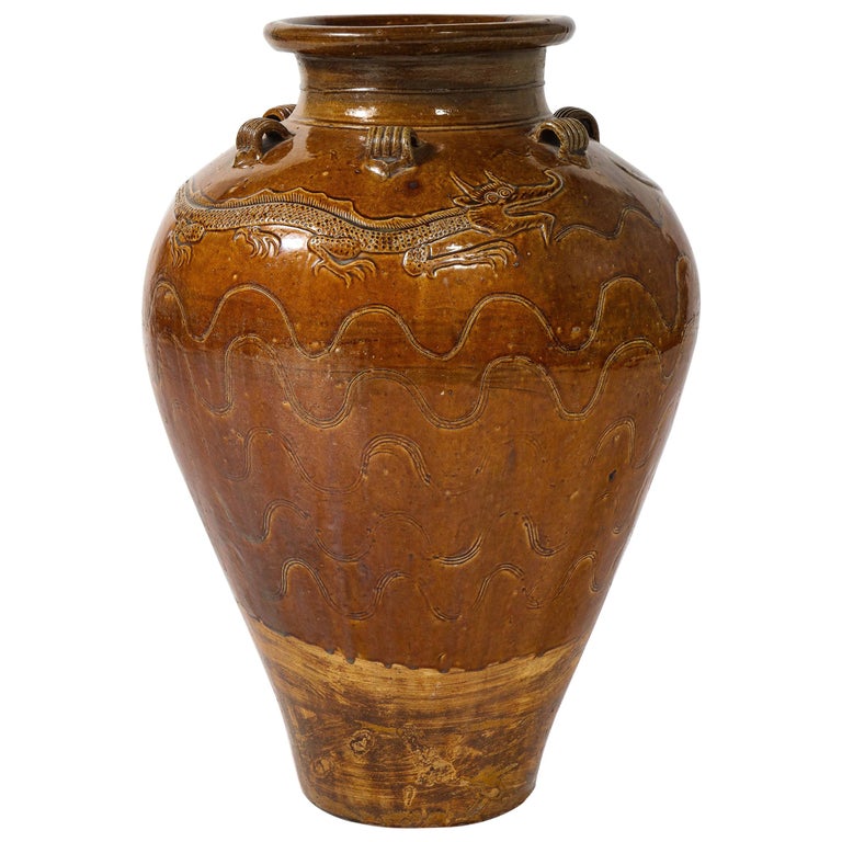 Large Chinese Martaban Ming Dynasty Stoneware Storage Vase with Dragons For Sale