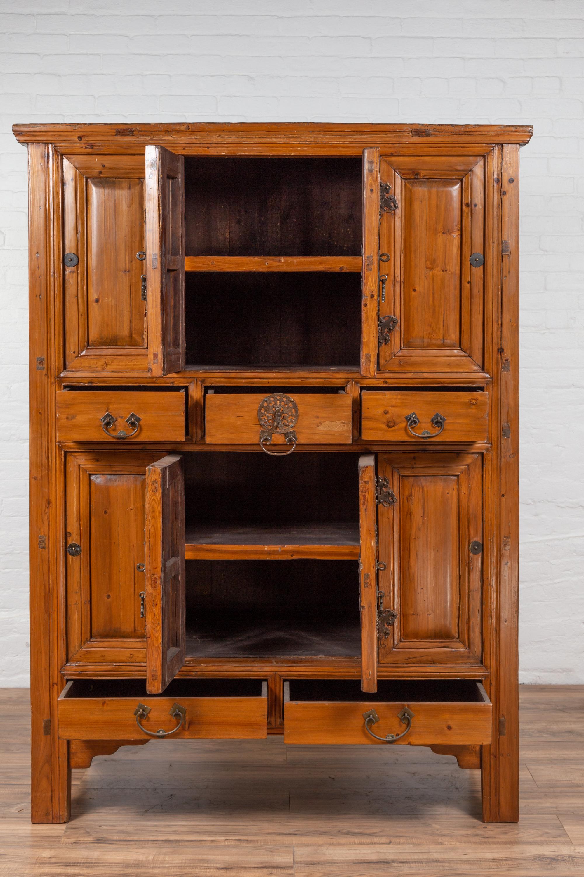 Large Chinese Qing Dynasty Style Wooden Cabinet with Paneled Doors and Drawers For Sale 7