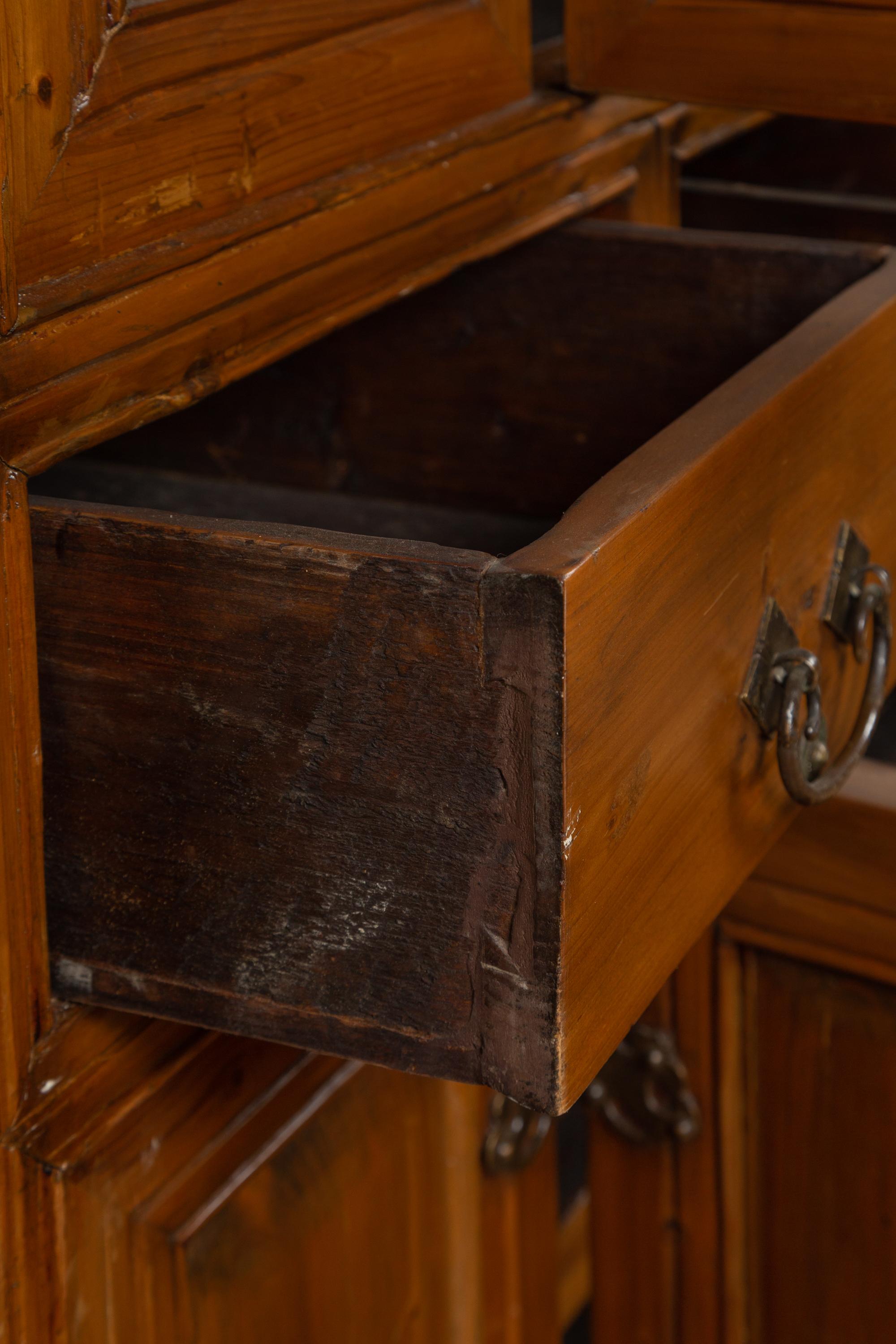 Large Qing Dynasty 19th Century Wooden Cabinet with Paneled Doors and Drawers For Sale 9