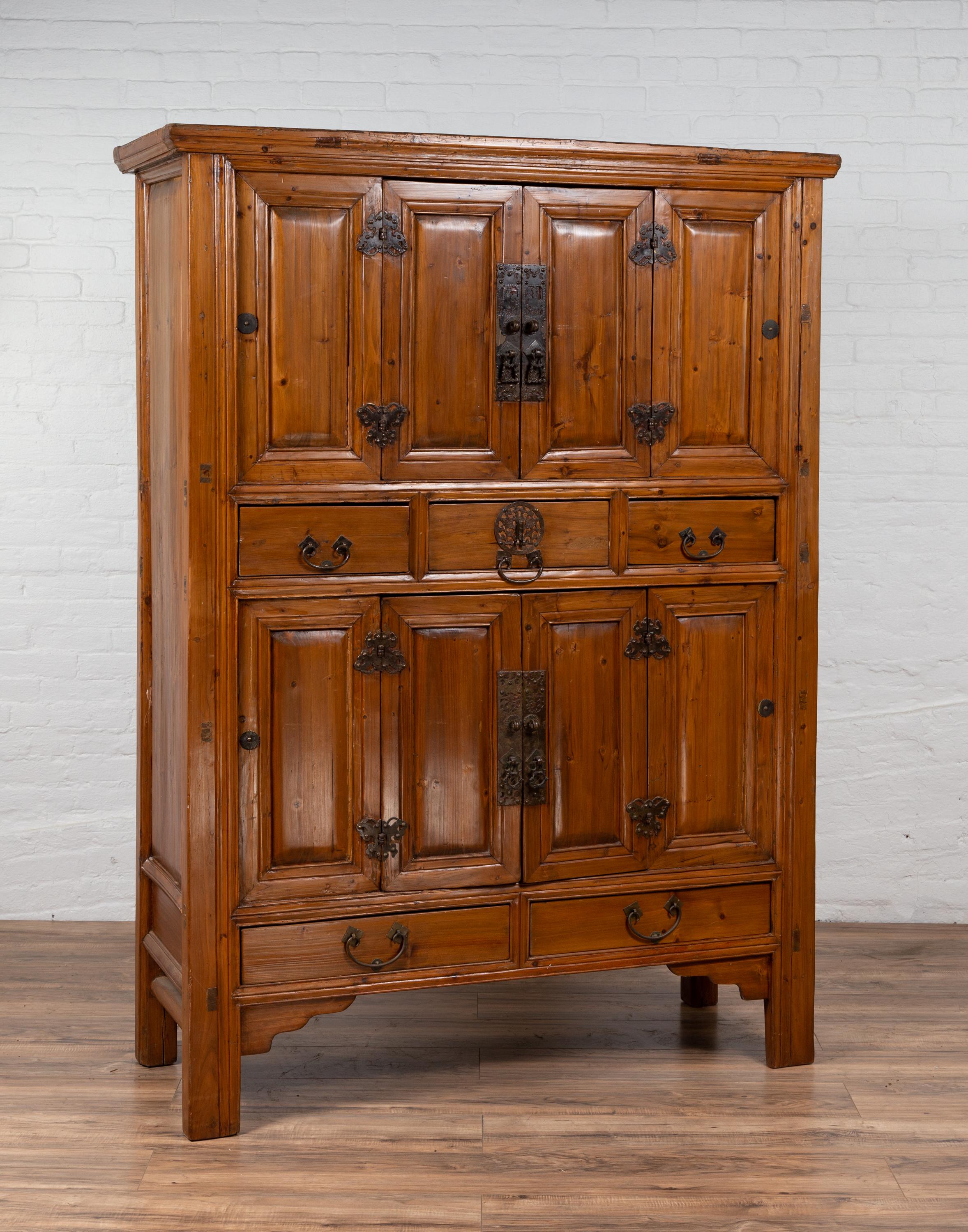 Large Chinese Qing Dynasty Style Wooden Cabinet with Paneled Doors and Drawers For Sale 9