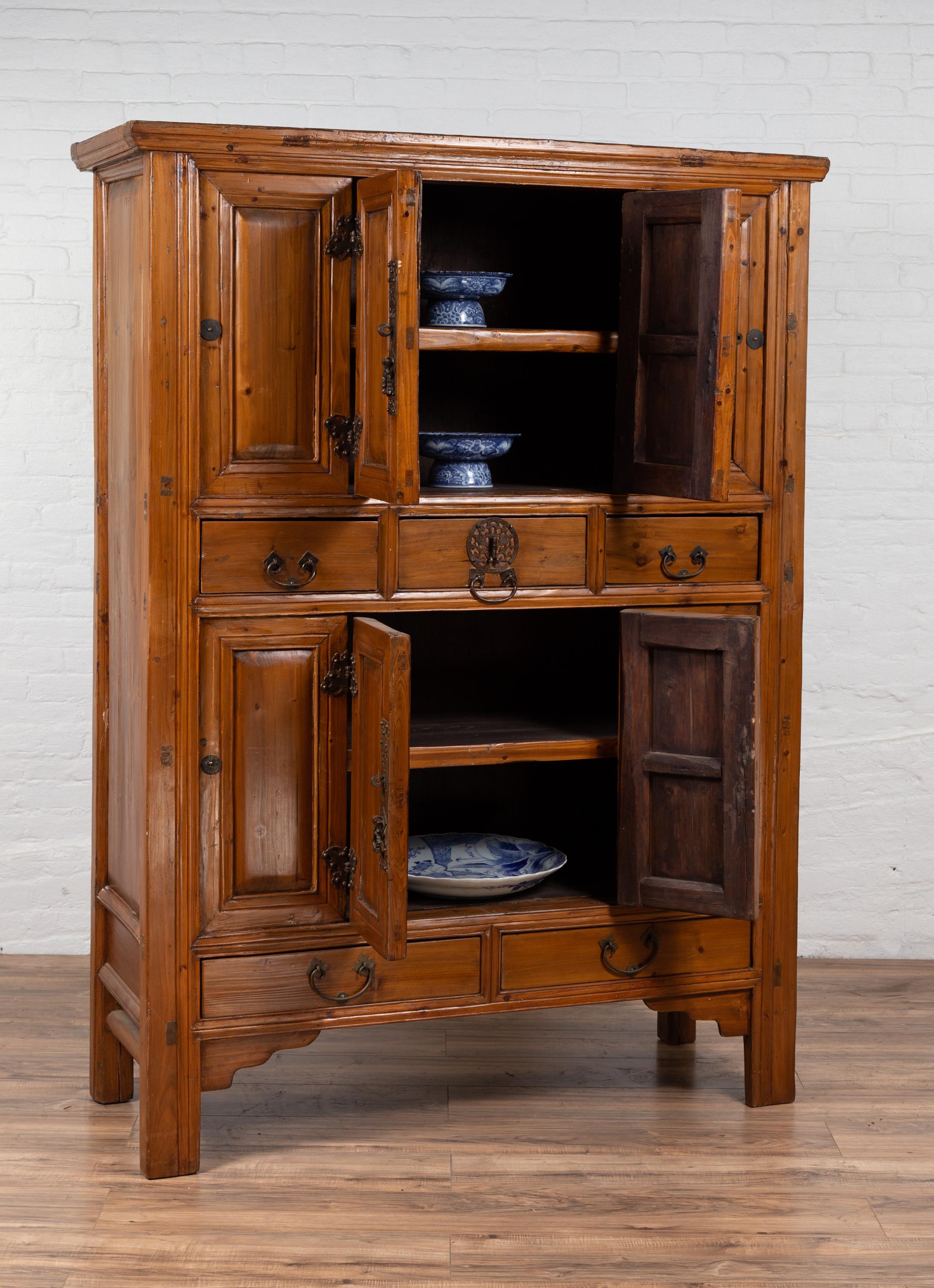 Large Chinese Qing Dynasty Style Wooden Cabinet with Paneled Doors and Drawers For Sale 10