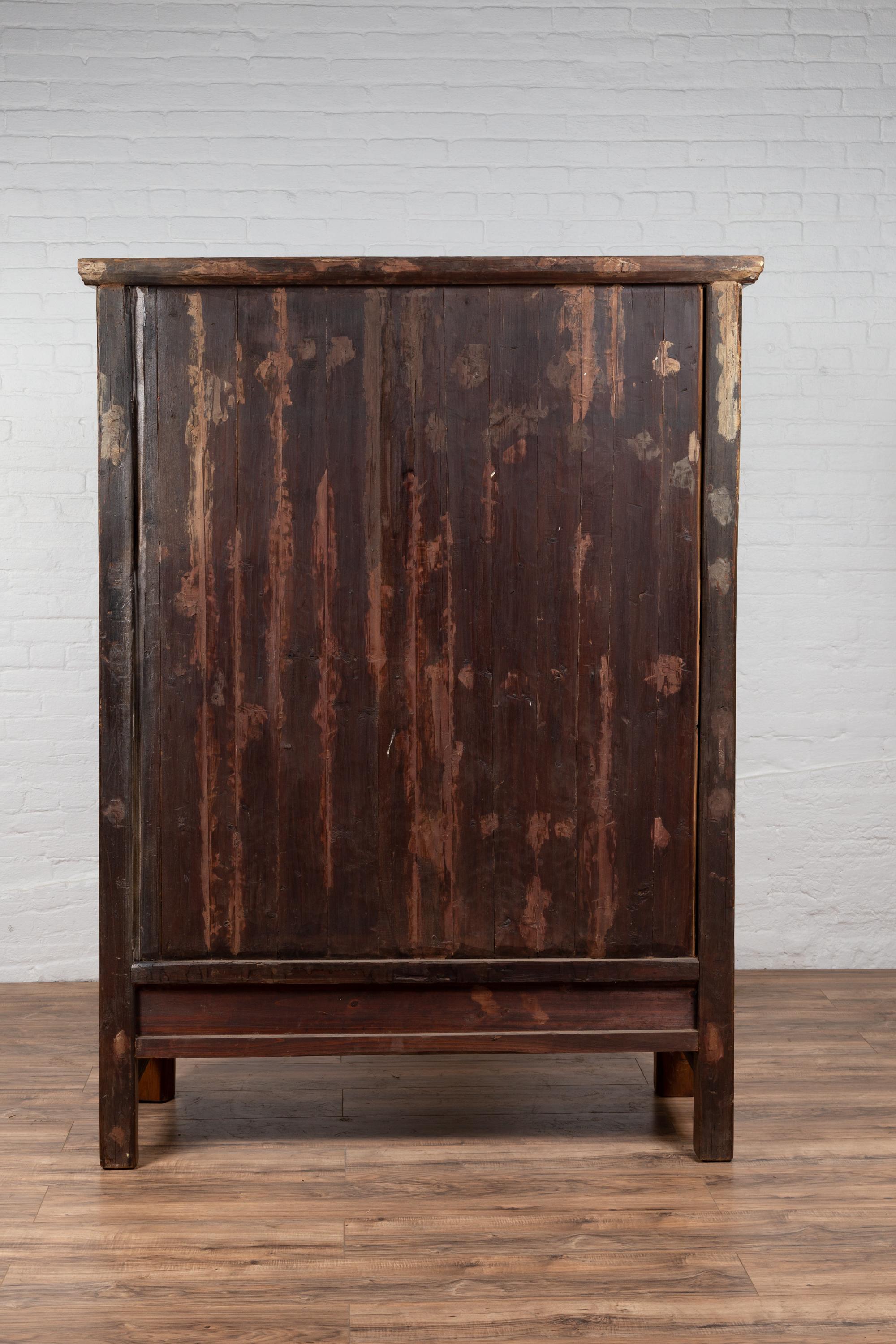 Large Chinese Qing Dynasty Style Wooden Cabinet with Paneled Doors and Drawers For Sale 12