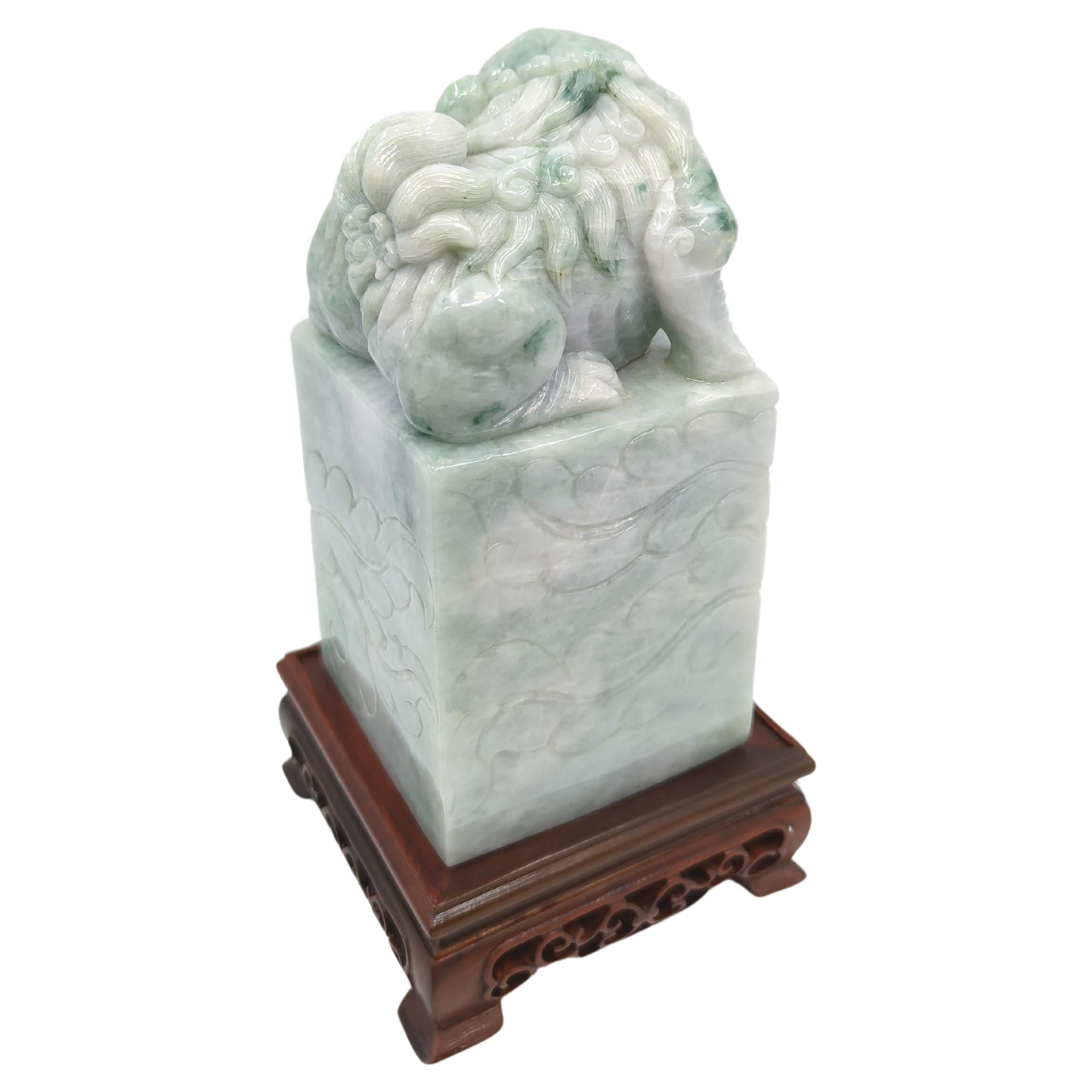 Sculpté Large Chinese Natural Untreated Jadeite Foo Dog Lion Seal Stone Carving w Stand en vente