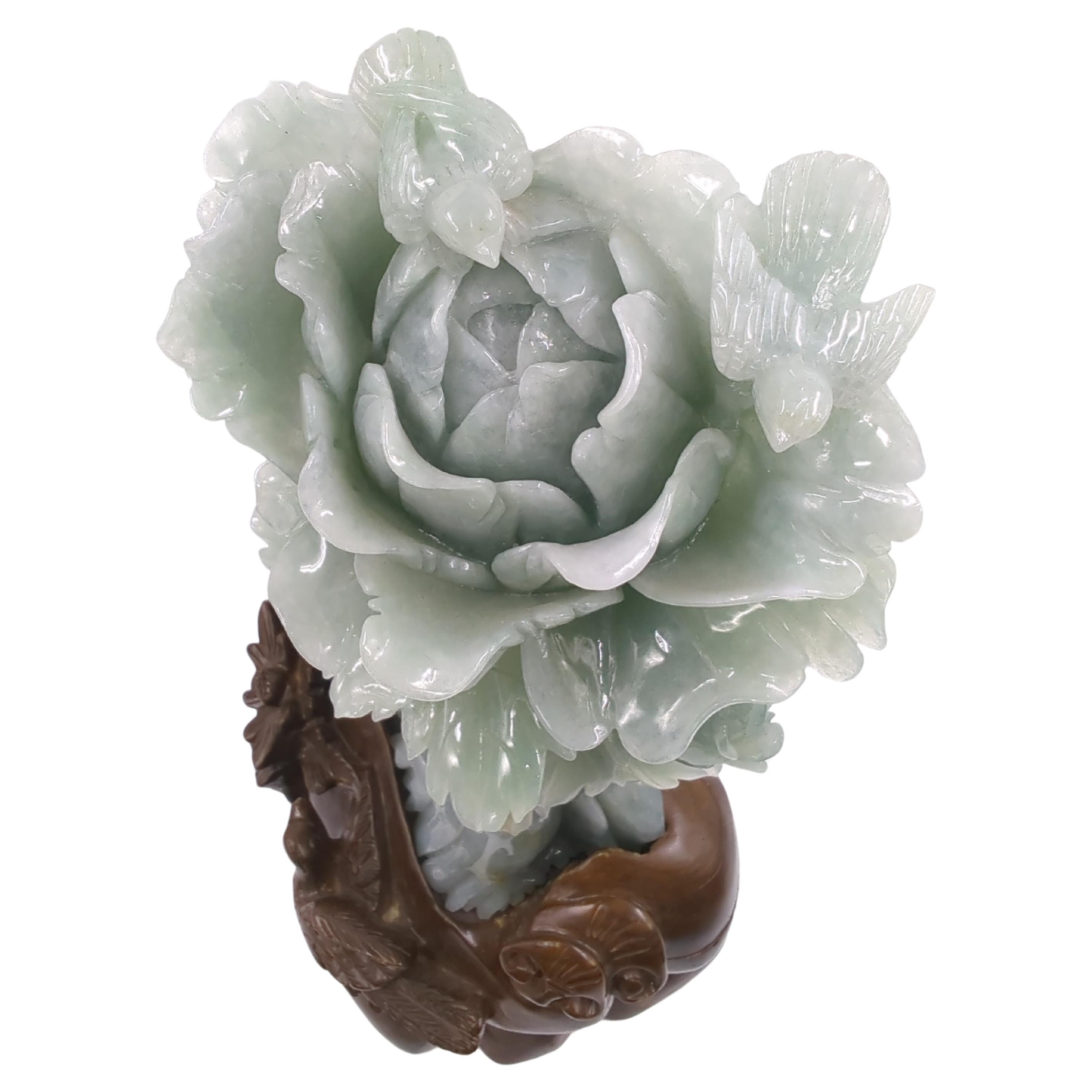 Large Chinese Natural Translucent Untreated Jadeite Flower Cat Birds Carving 20c For Sale 1