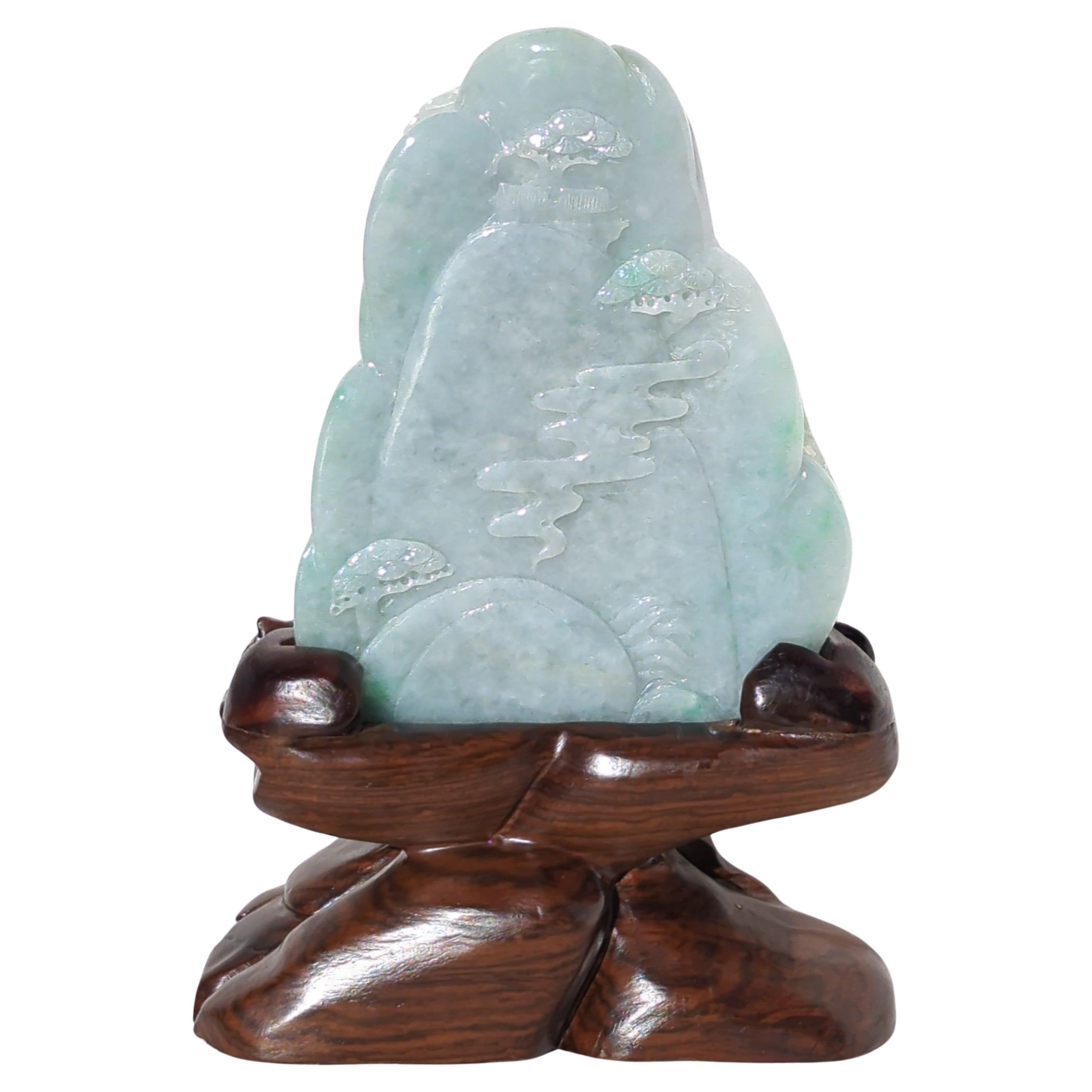 Large Chinese Natural Untreated Jadeite Mountain Carving Hardwood Stand For Sale 2