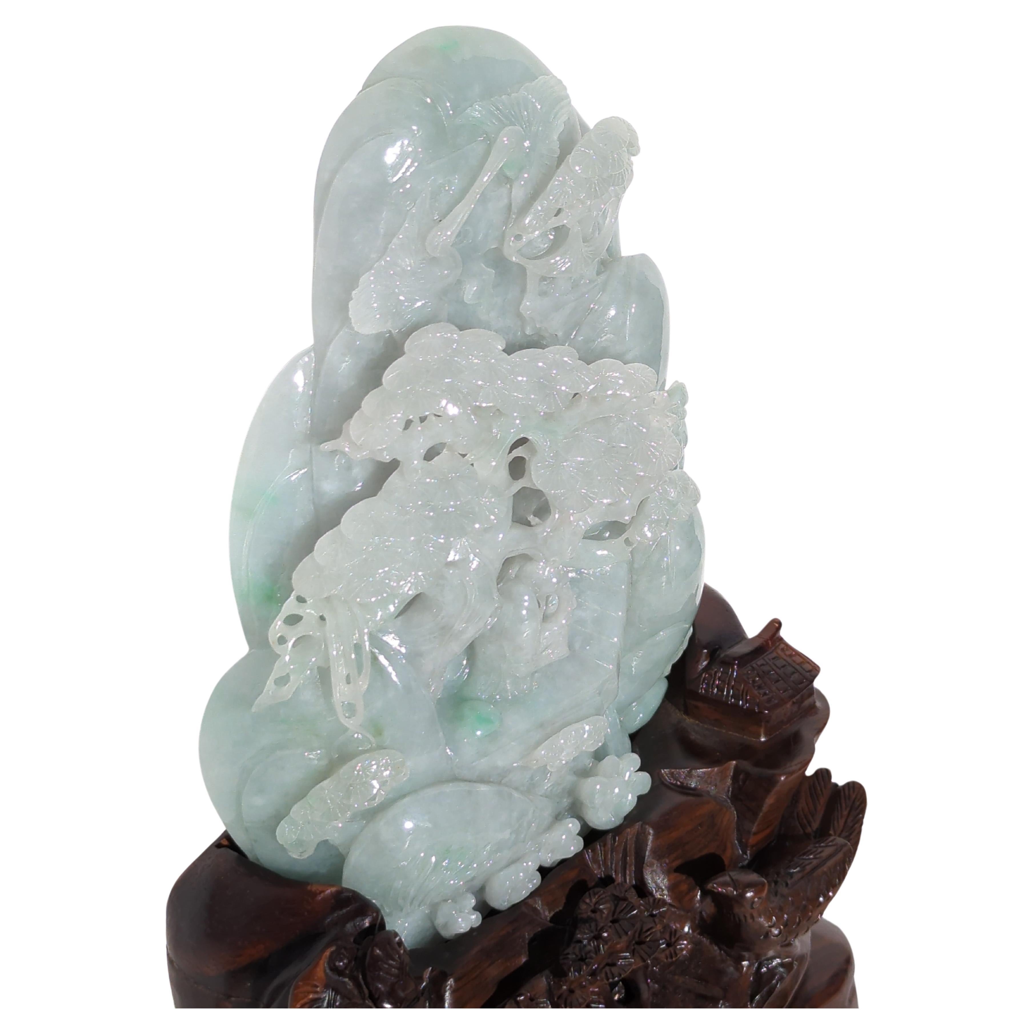 Large Chinese Natural Untreated Jadeite Mountain Carving Hardwood Stand For Sale 3