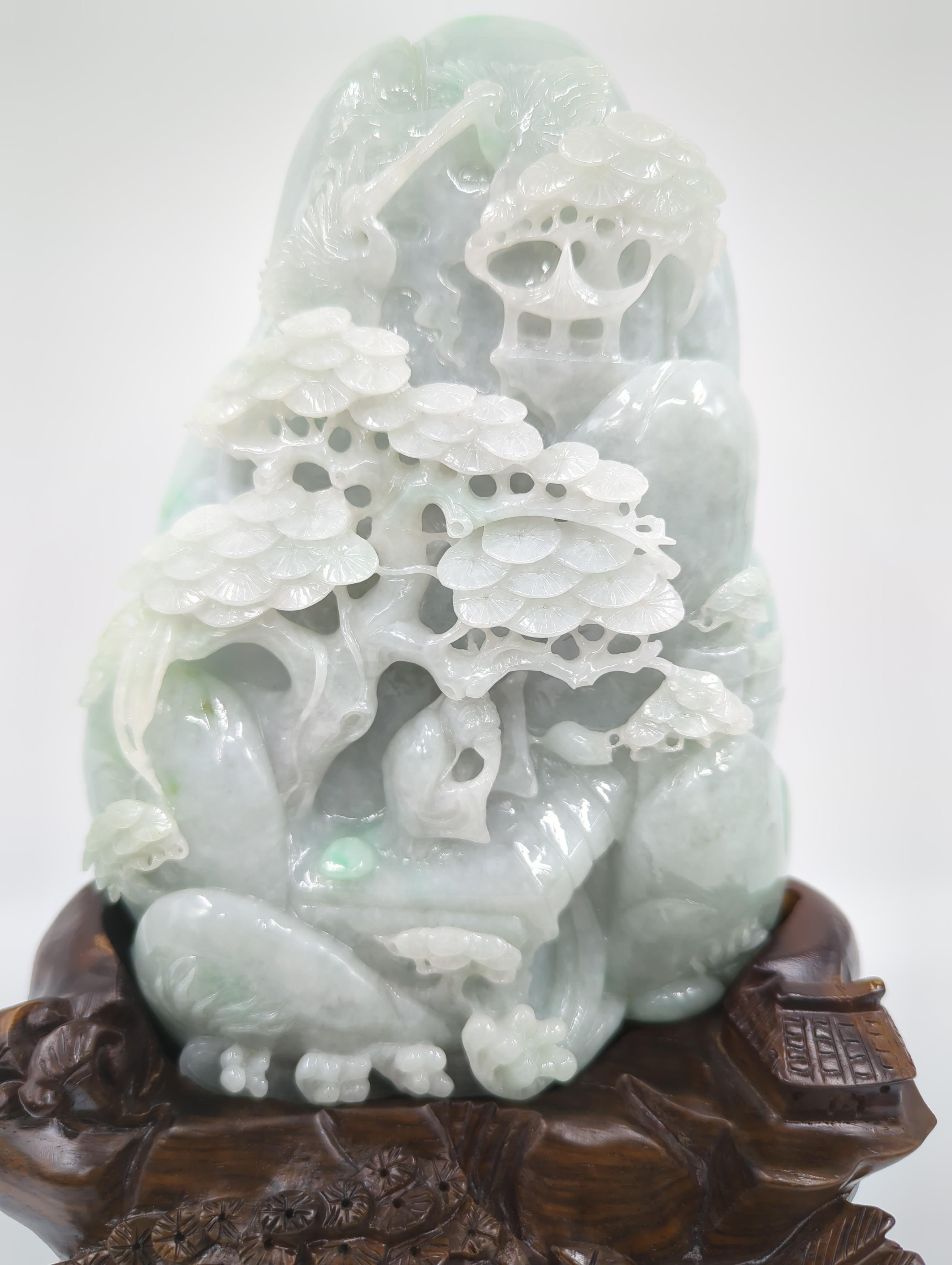 Carved Large Chinese Natural Untreated Jadeite Mountain Carving Hardwood Stand For Sale