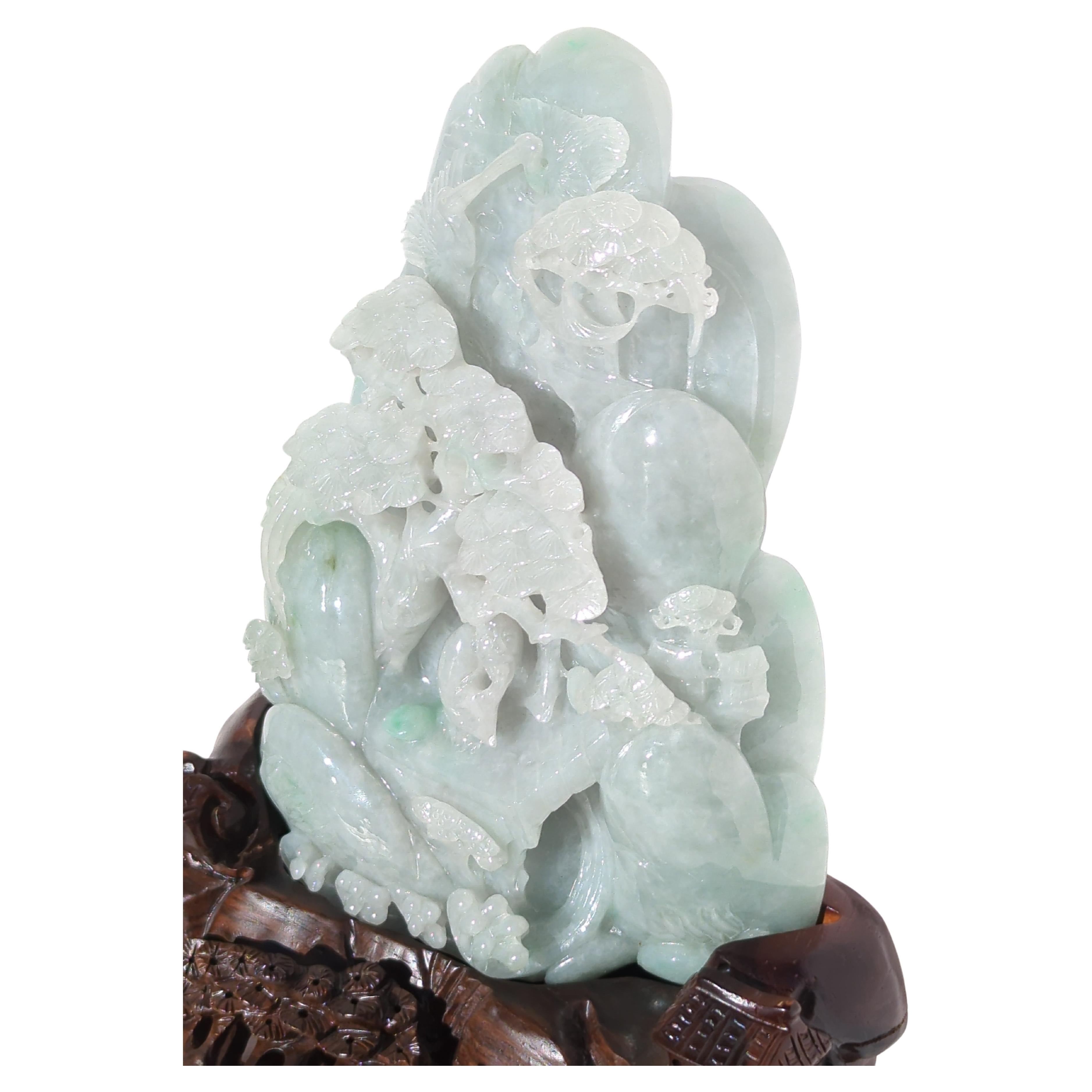 Large Chinese Natural Untreated Jadeite Mountain Carving Hardwood Stand For Sale 4