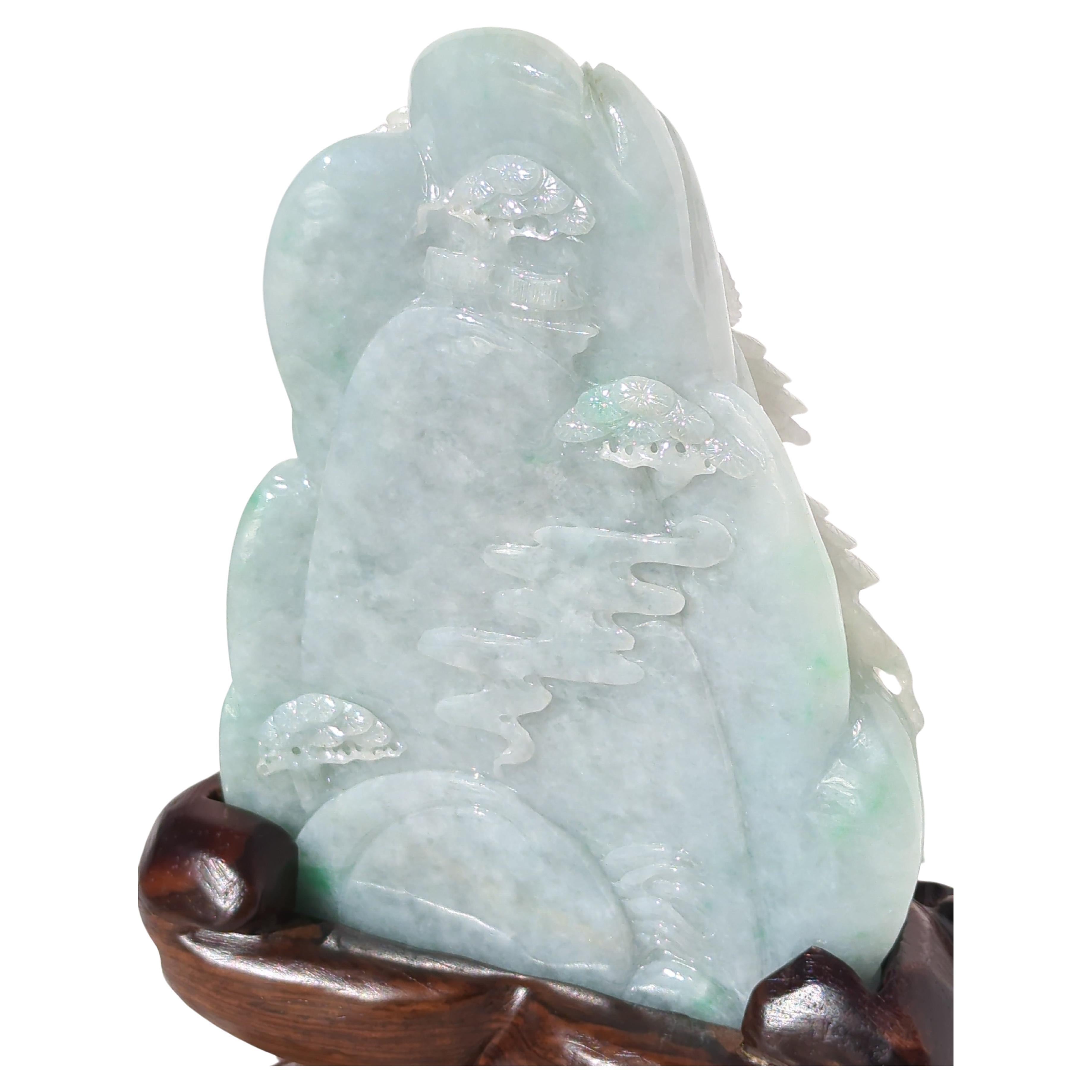 Large Chinese Natural Untreated Jadeite Mountain Carving Hardwood Stand For Sale 5