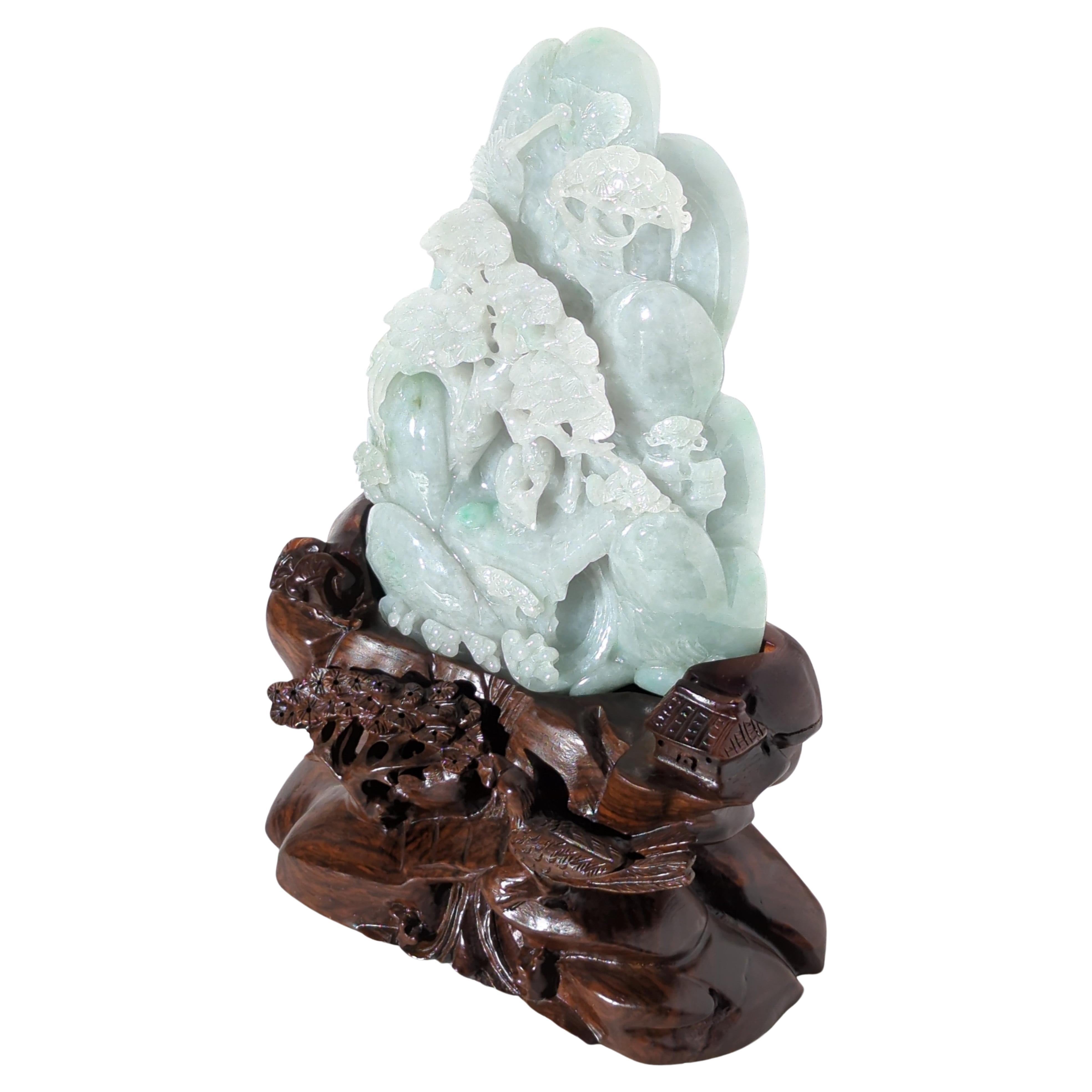 Large Chinese Natural Untreated Jadeite Mountain Carving Hardwood Stand For Sale 6