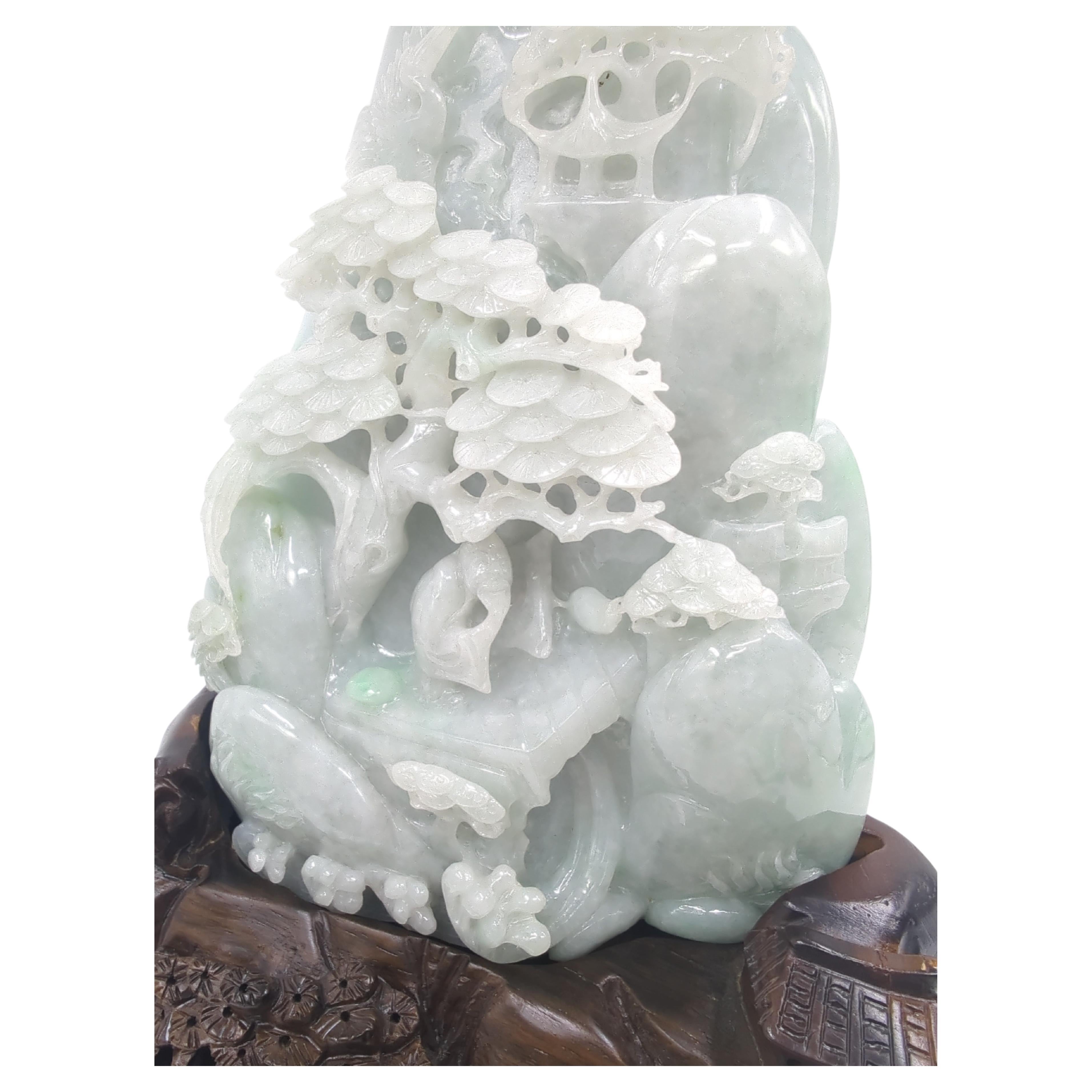 20th Century Large Chinese Natural Untreated Jadeite Mountain Carving Hardwood Stand For Sale