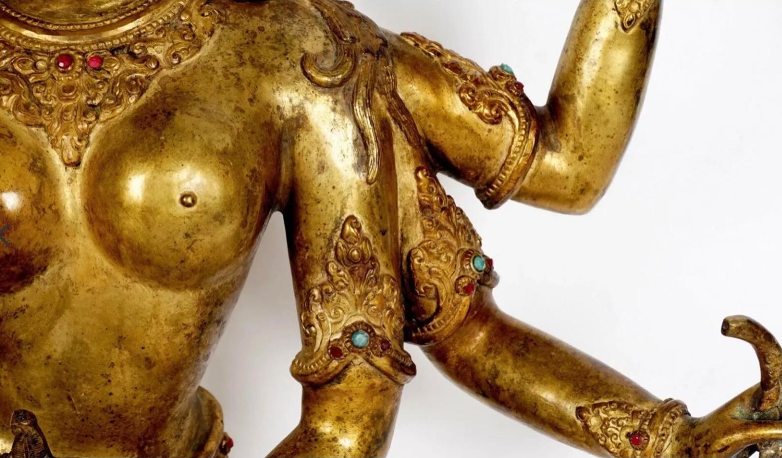19th Century Large Chinese Nepalese Gilt Bronze Figure Vasudhara