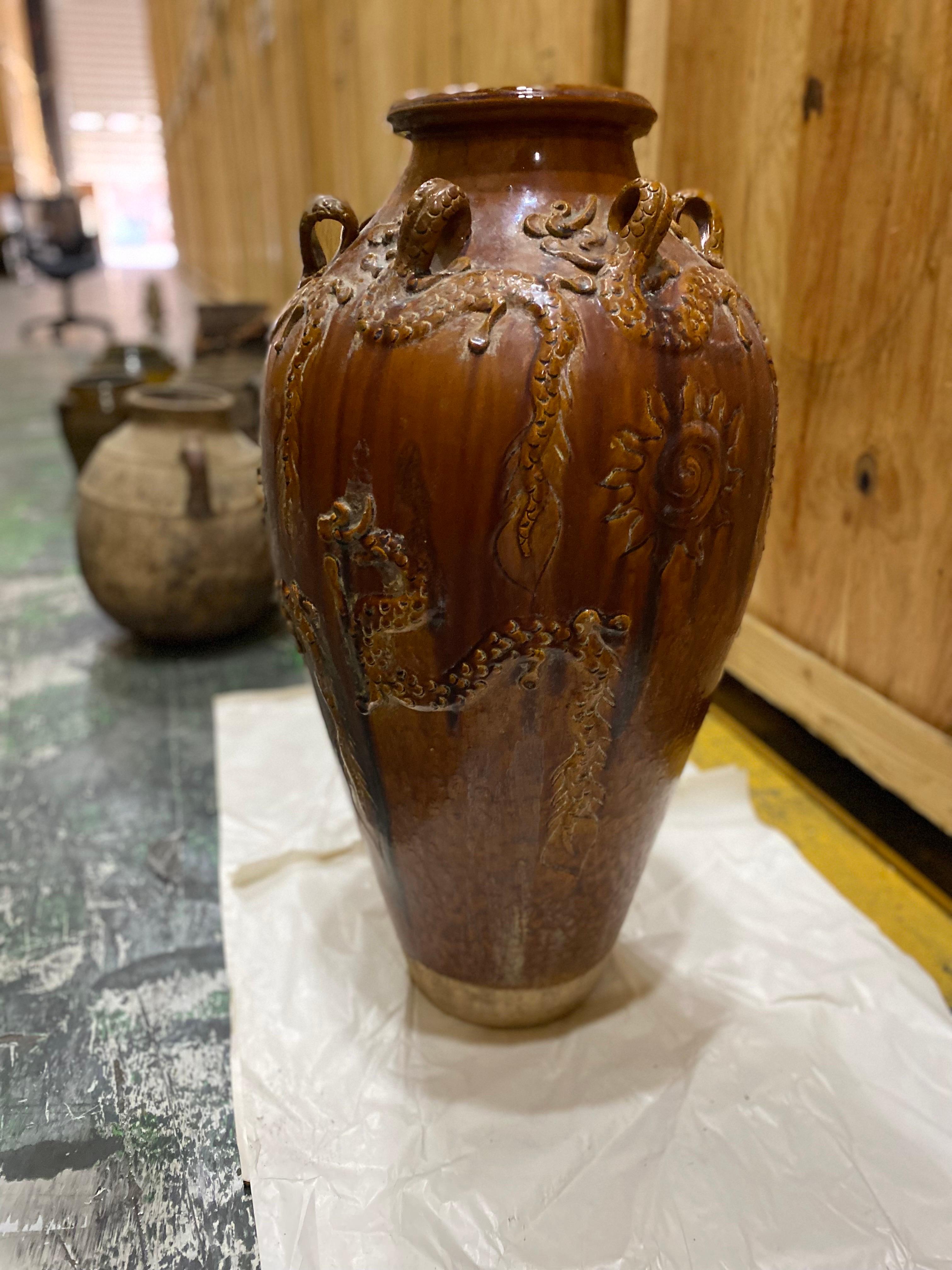 Glazed Large Chinese Ochre Brown Glaze Martaban Jar with Dragon Motifs For Sale