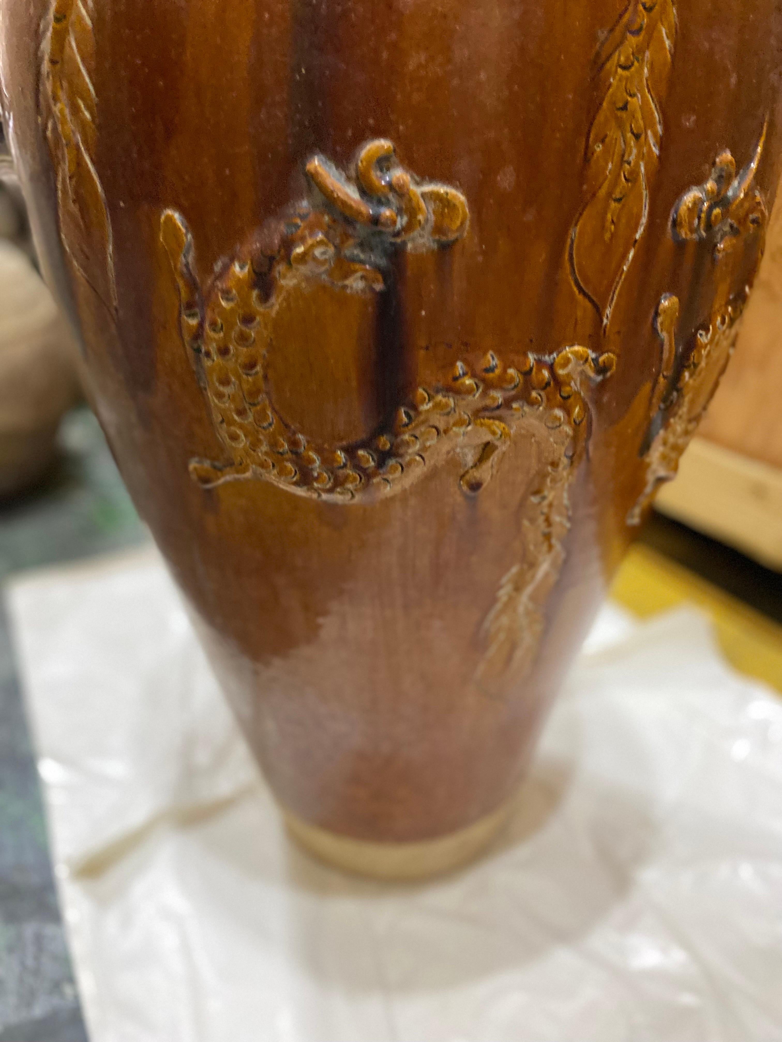 Terracotta Large Chinese Ochre Brown Glaze Martaban Jar with Dragon Motifs For Sale