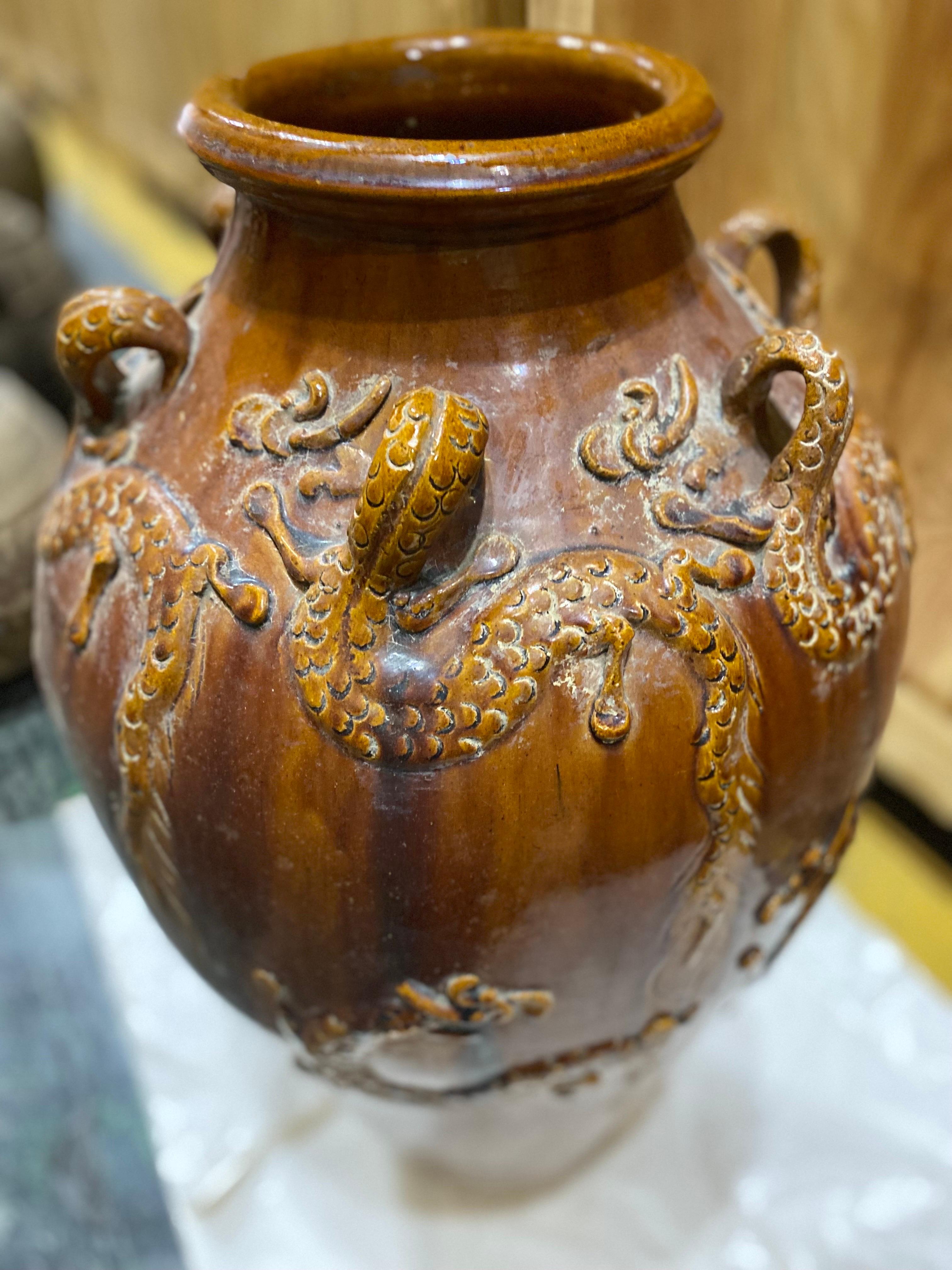 Large Chinese Ochre Brown Glaze Martaban Jar with Dragon Motifs For Sale 3