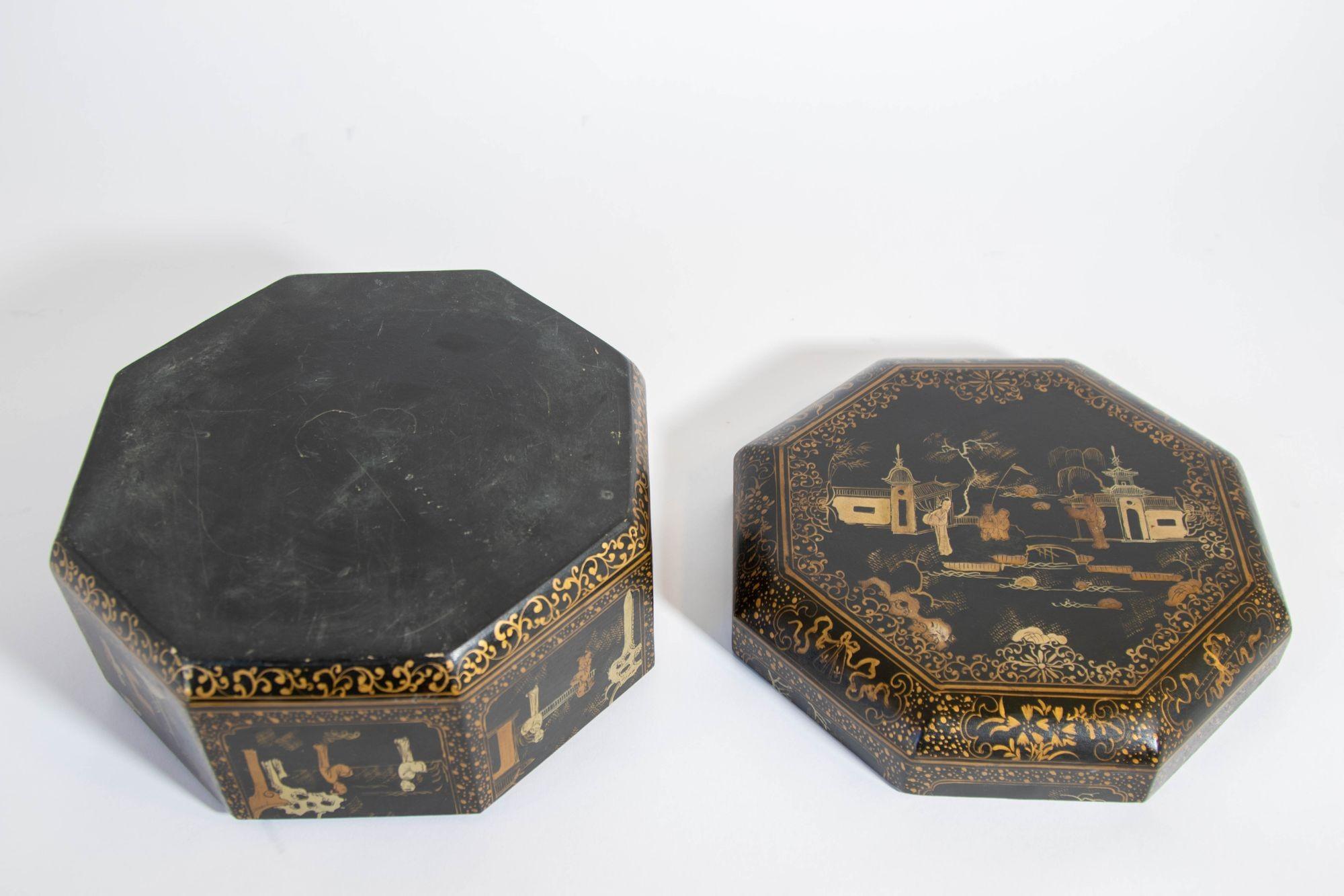 Large Chinese Octagonal Black Lacquered Gilt Painted Covered Box 1950s For Sale 3