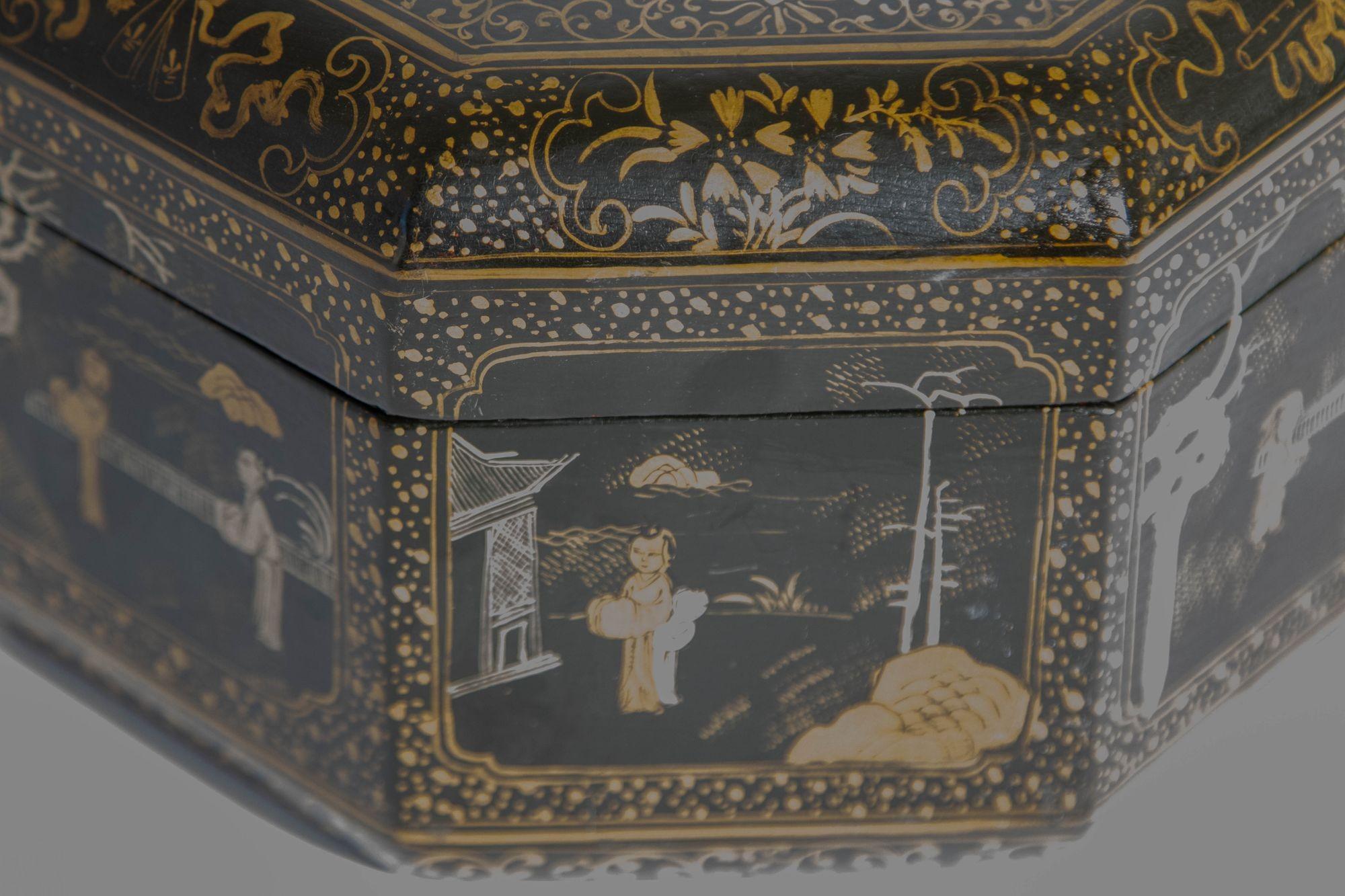 Qing Large Chinese Octagonal Black Lacquered Gilt Painted Covered Box 1950s For Sale
